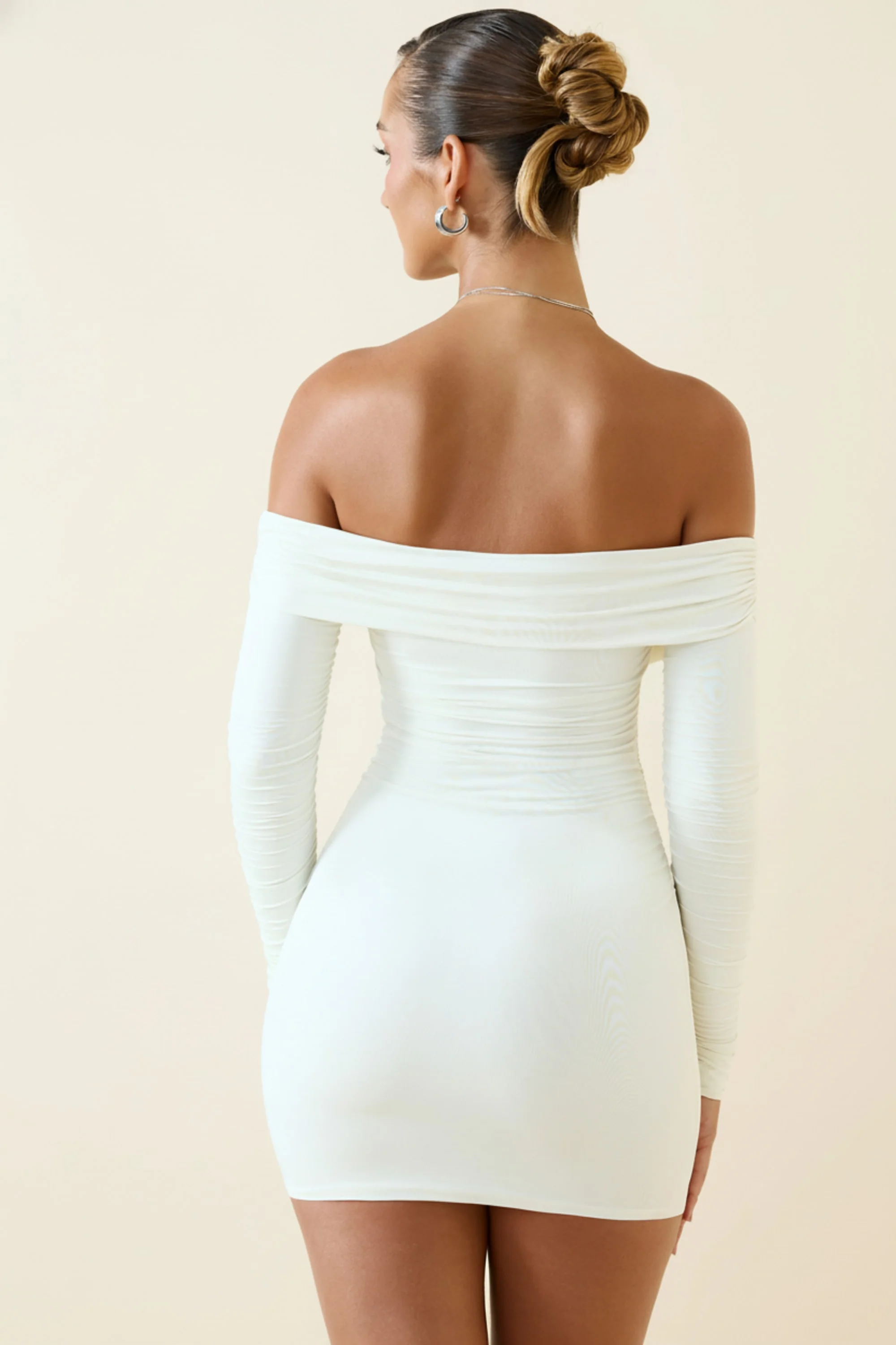 Off-Shoulder Ruched Bodycon Mini Dress in Vanilla - Image 2