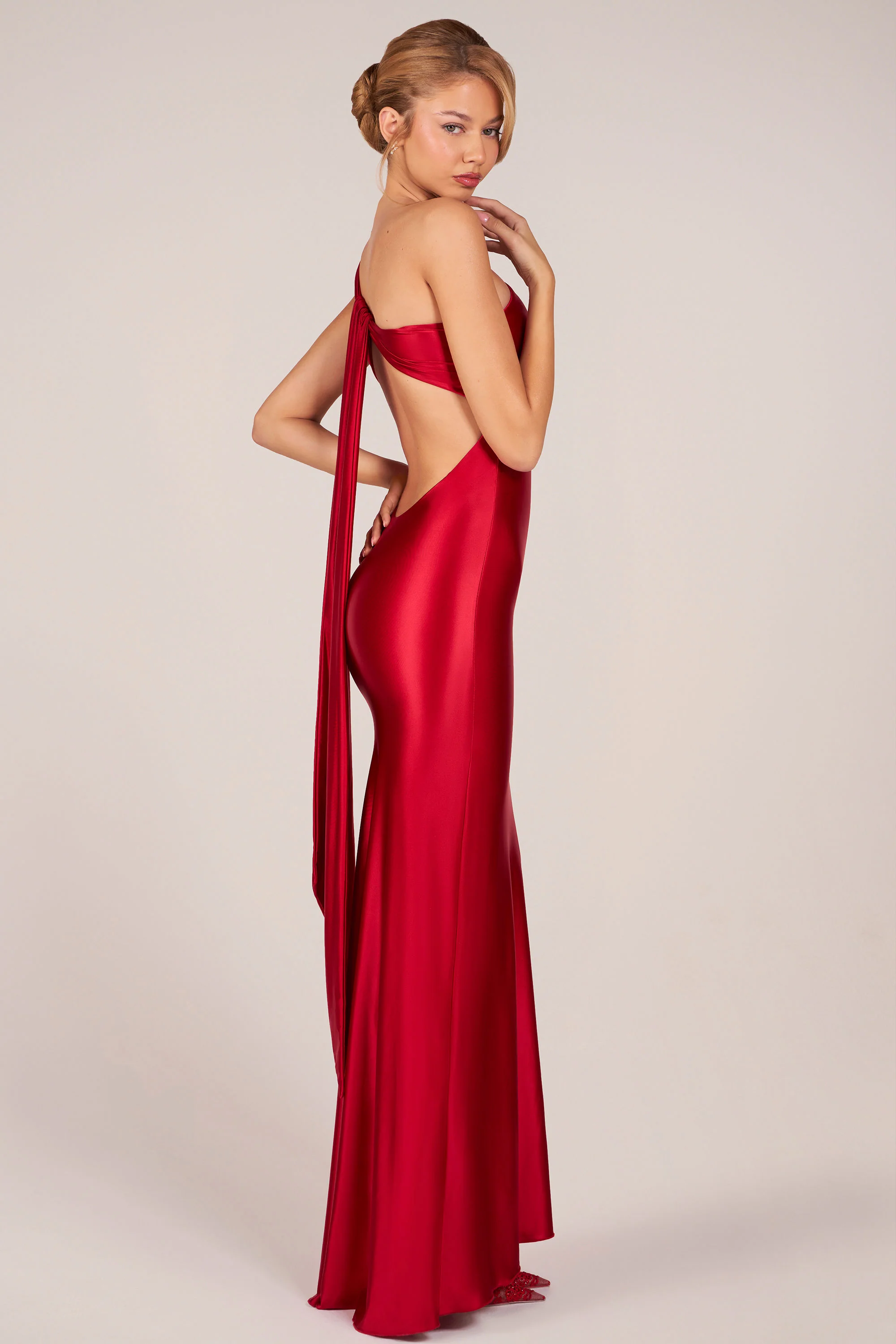 Asymmetric Tie-Back Gown in Cherry - Image 4