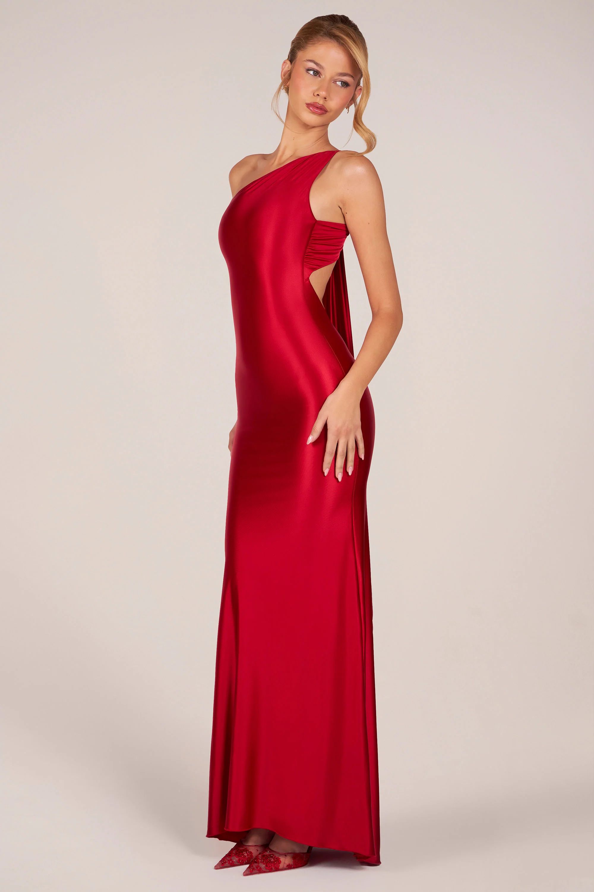 Asymmetric Tie-Back Gown in Cherry - Image 9