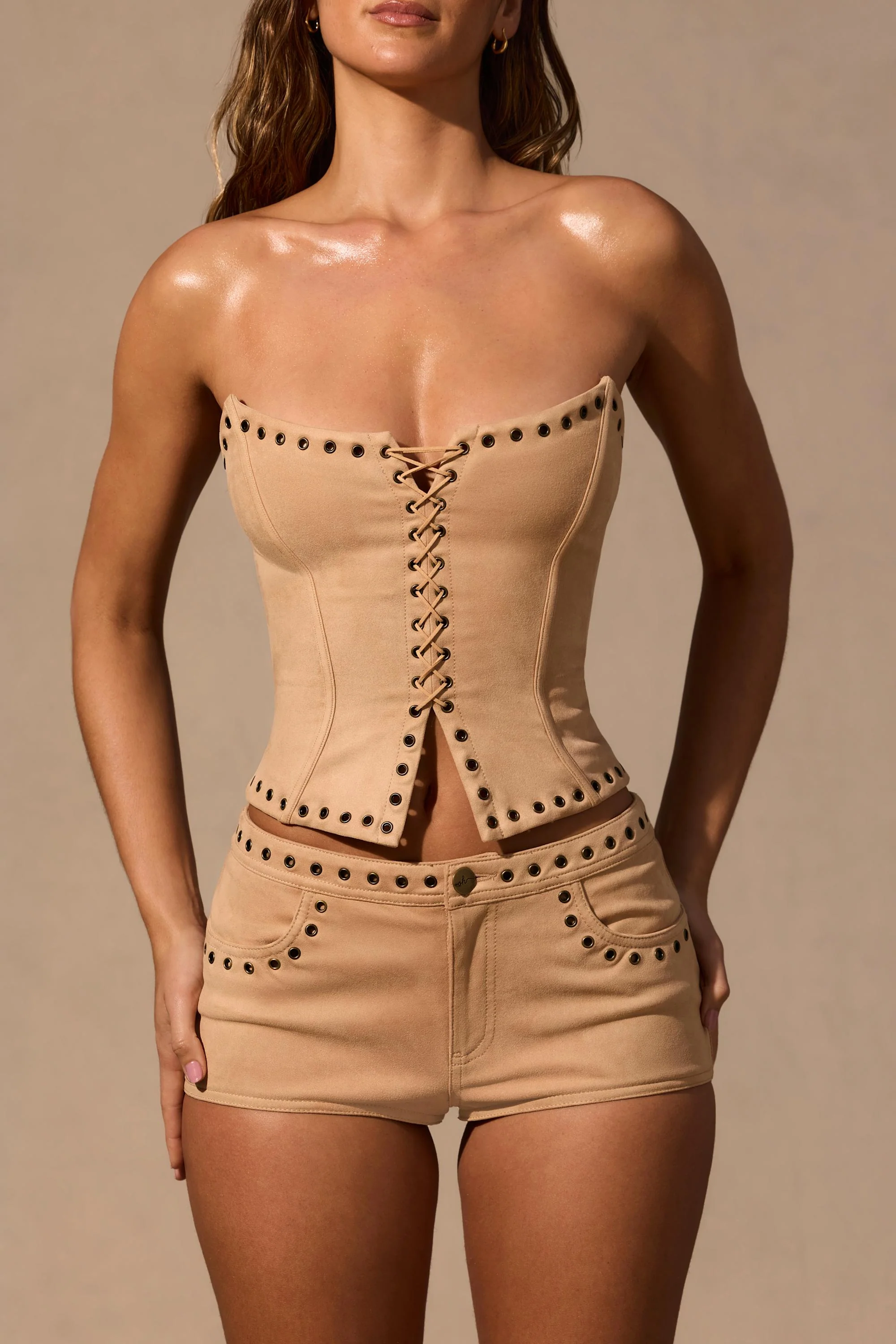 Lace-Up Corset Top  in Tan - Image 4
