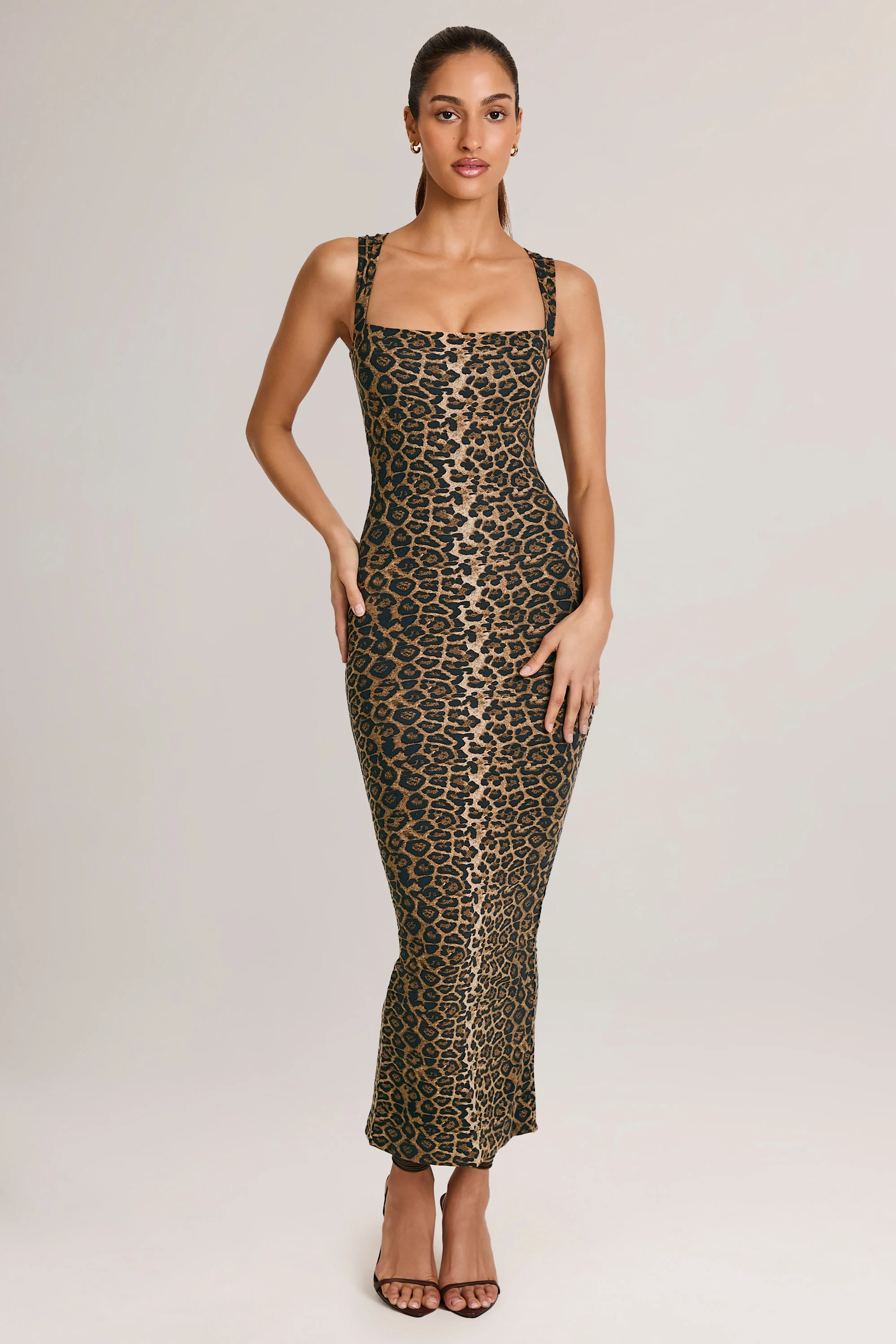 Modal Square-Neck Bodycon Midi Dress in Leopard Print - Image 6