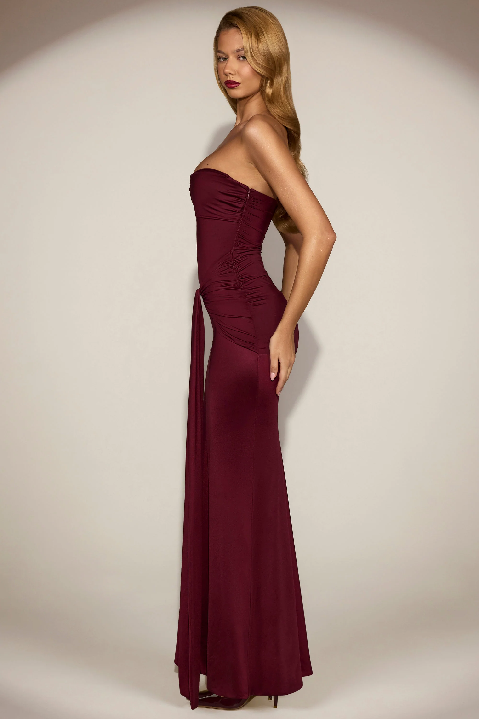 Satin Peekaboo Bandeau Draped Gown in Wine Red - Image 4