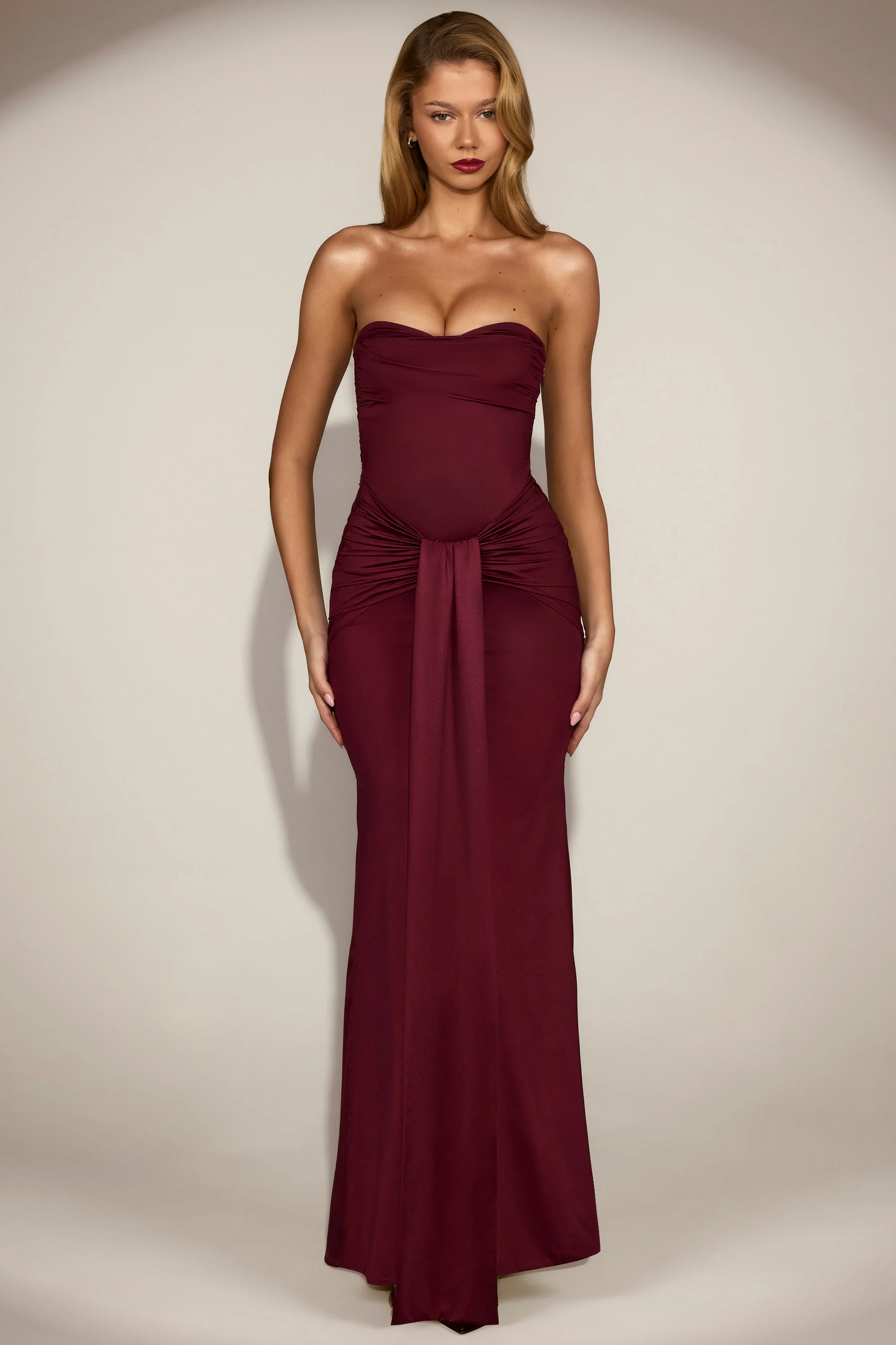 Satin Peekaboo Bandeau Draped Gown in Wine Red - Image 6
