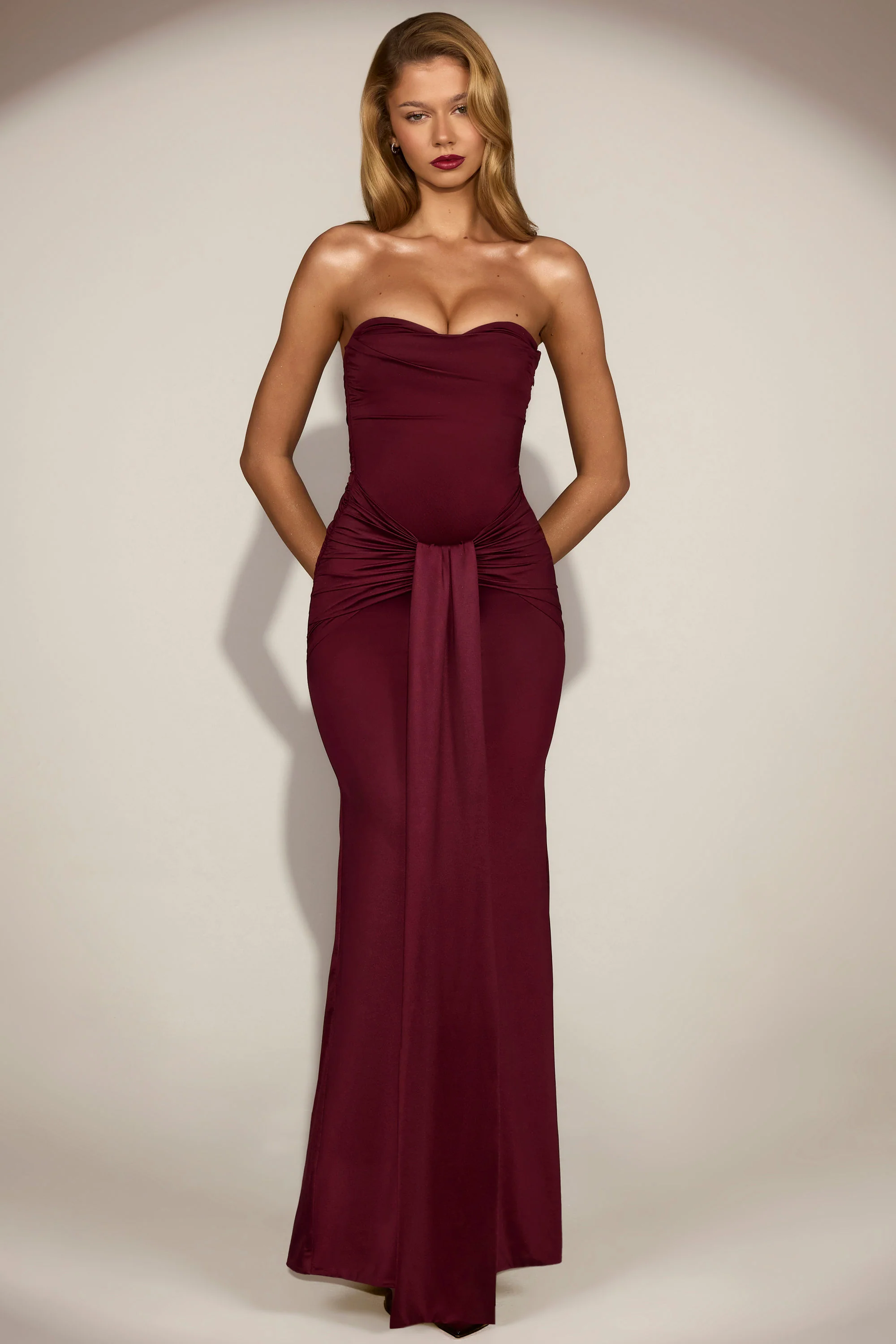 Satin Peekaboo Bandeau Draped Gown in Wine Red - Image 9