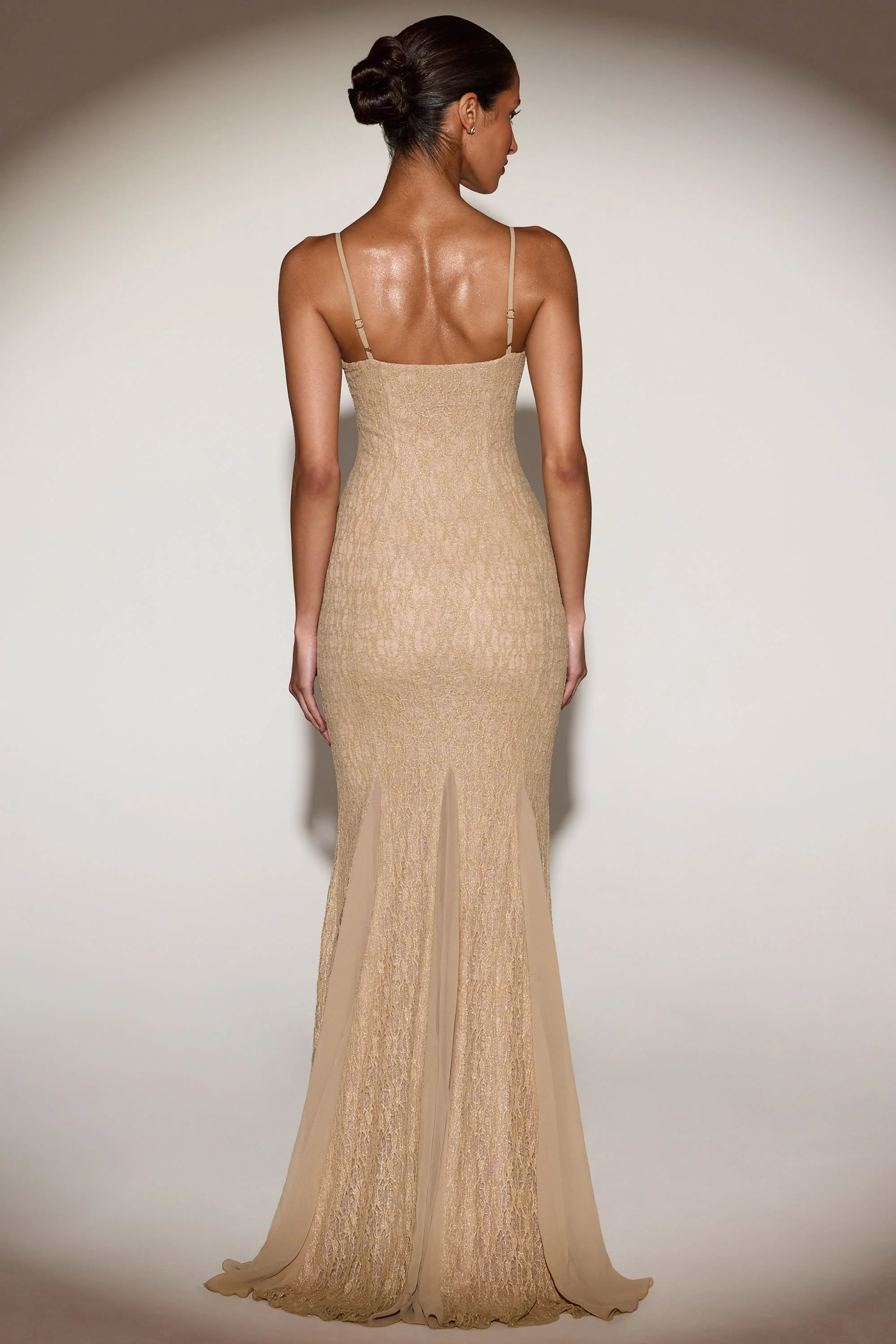 Metallic Lace Godet Fishtail Gown in Gold - Image 3