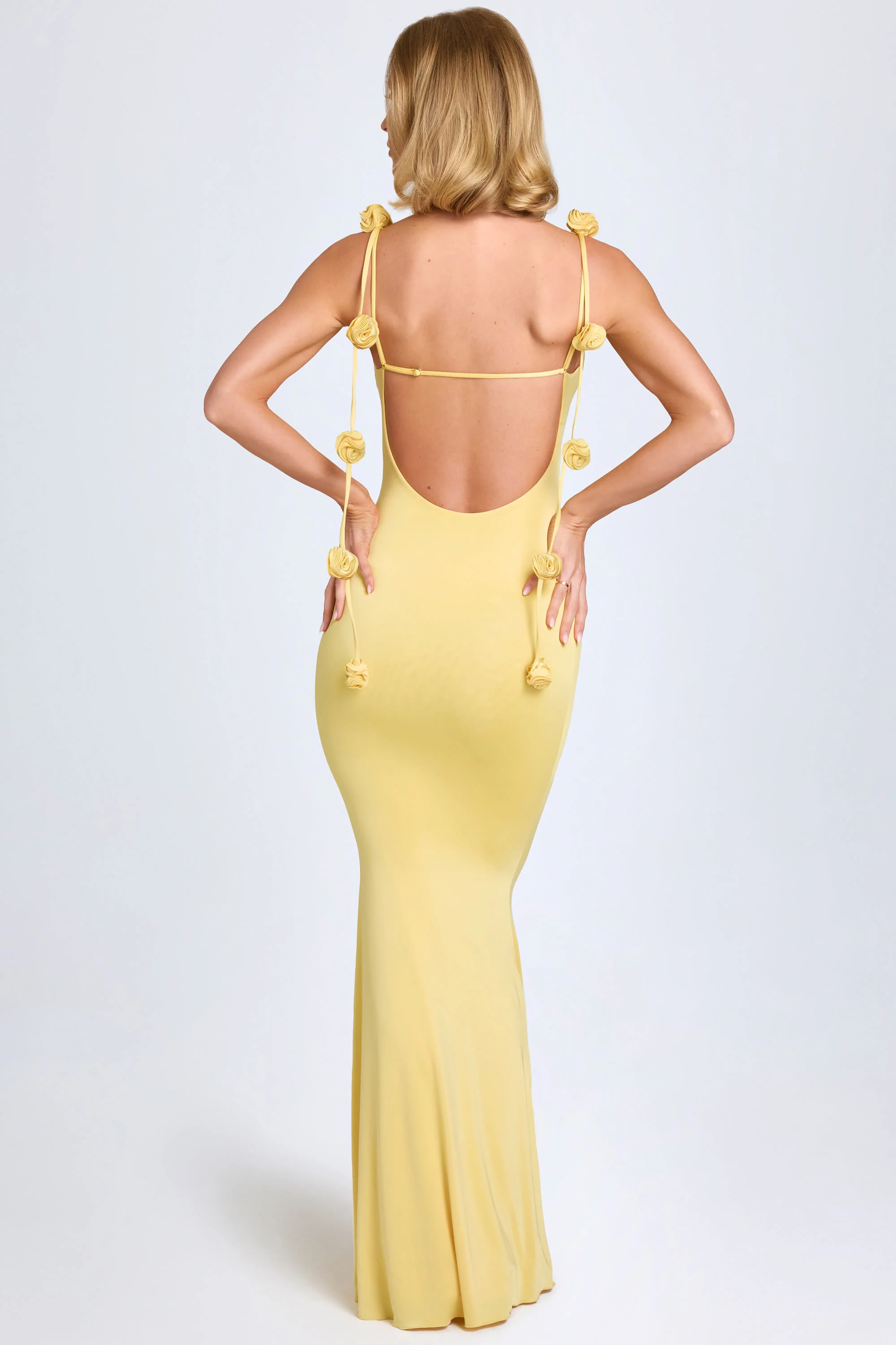 Slinky Jersey Floral-Appliqué Gown in Pastel Yellow - Image 6