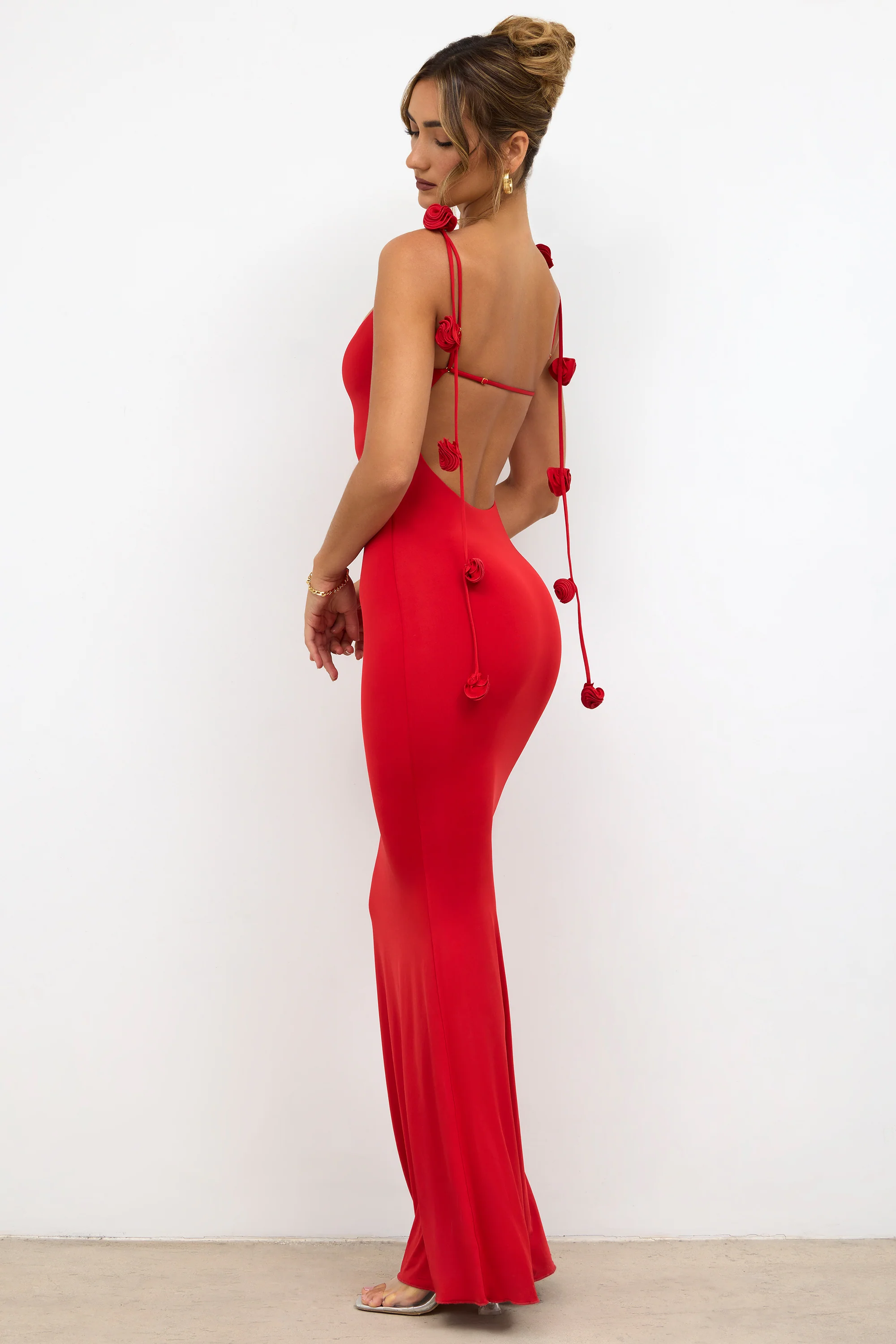 Slinky Jersey Rose Detail Evening Gown in Scarlet Red - Image 8