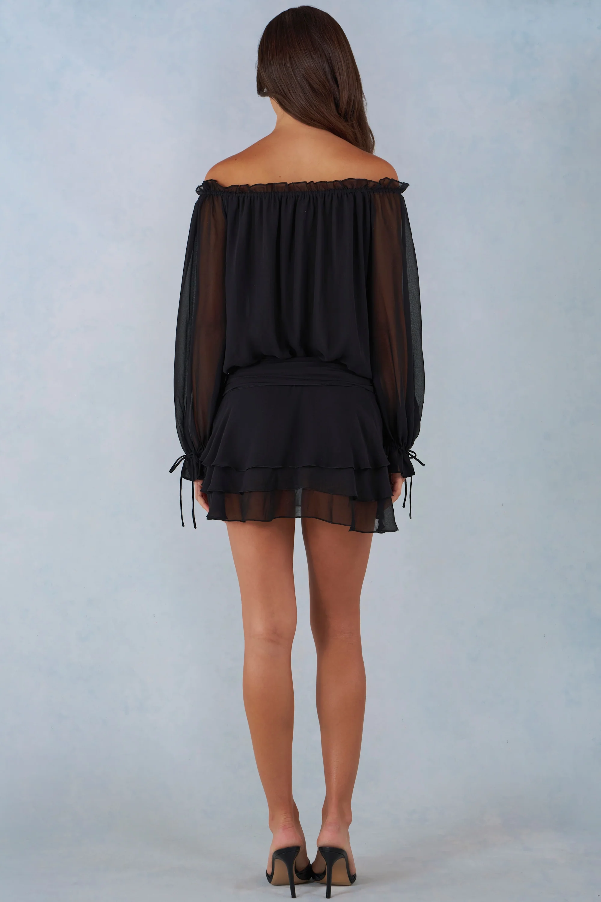 Off-Shoulder Balloon-Sleeve Mini Dress in Black - Image 5