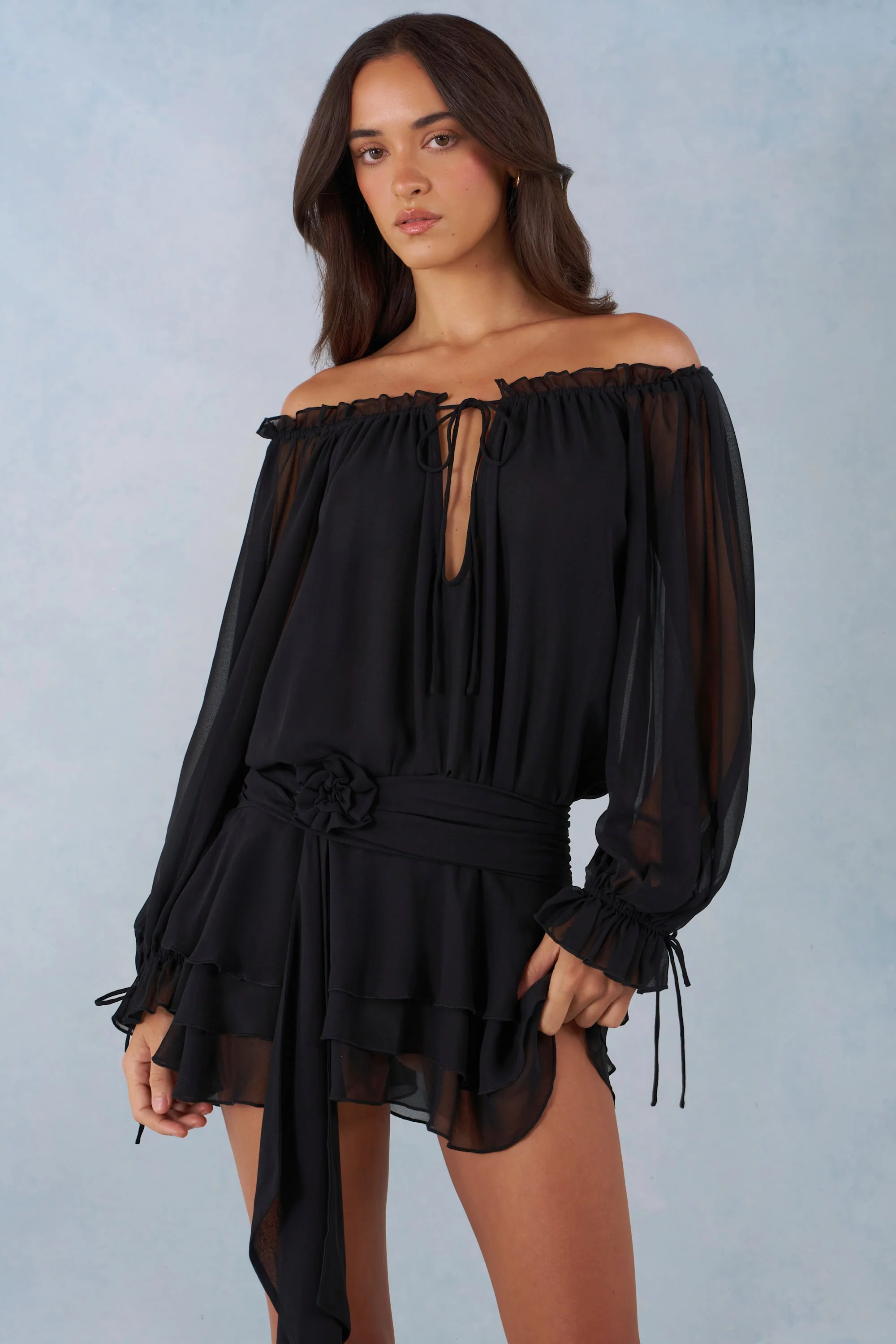 Off-Shoulder Balloon-Sleeve Mini Dress in Black - Image 8