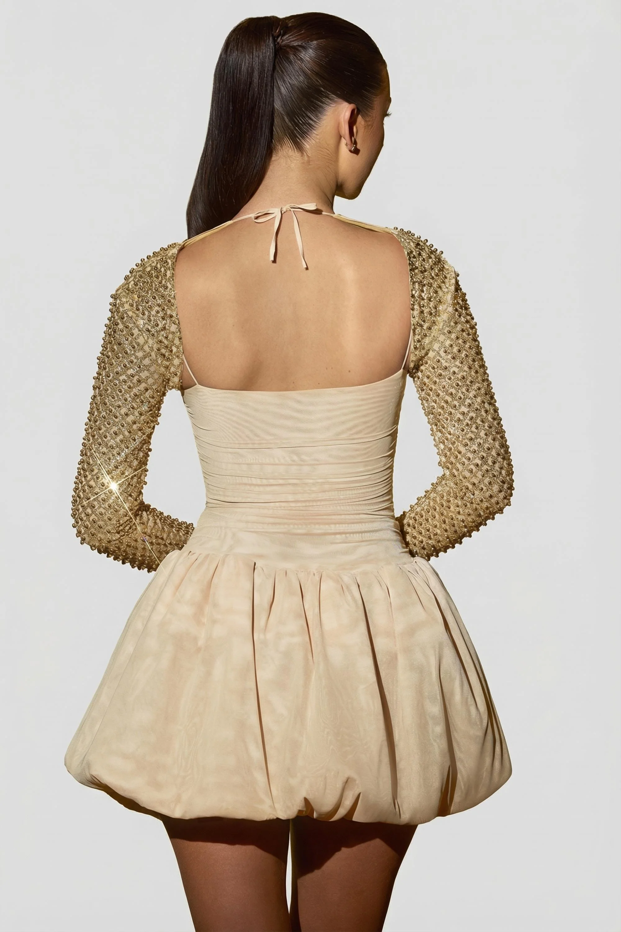 Embellished Bubble Hem Mini Dress in Gold - Image 2