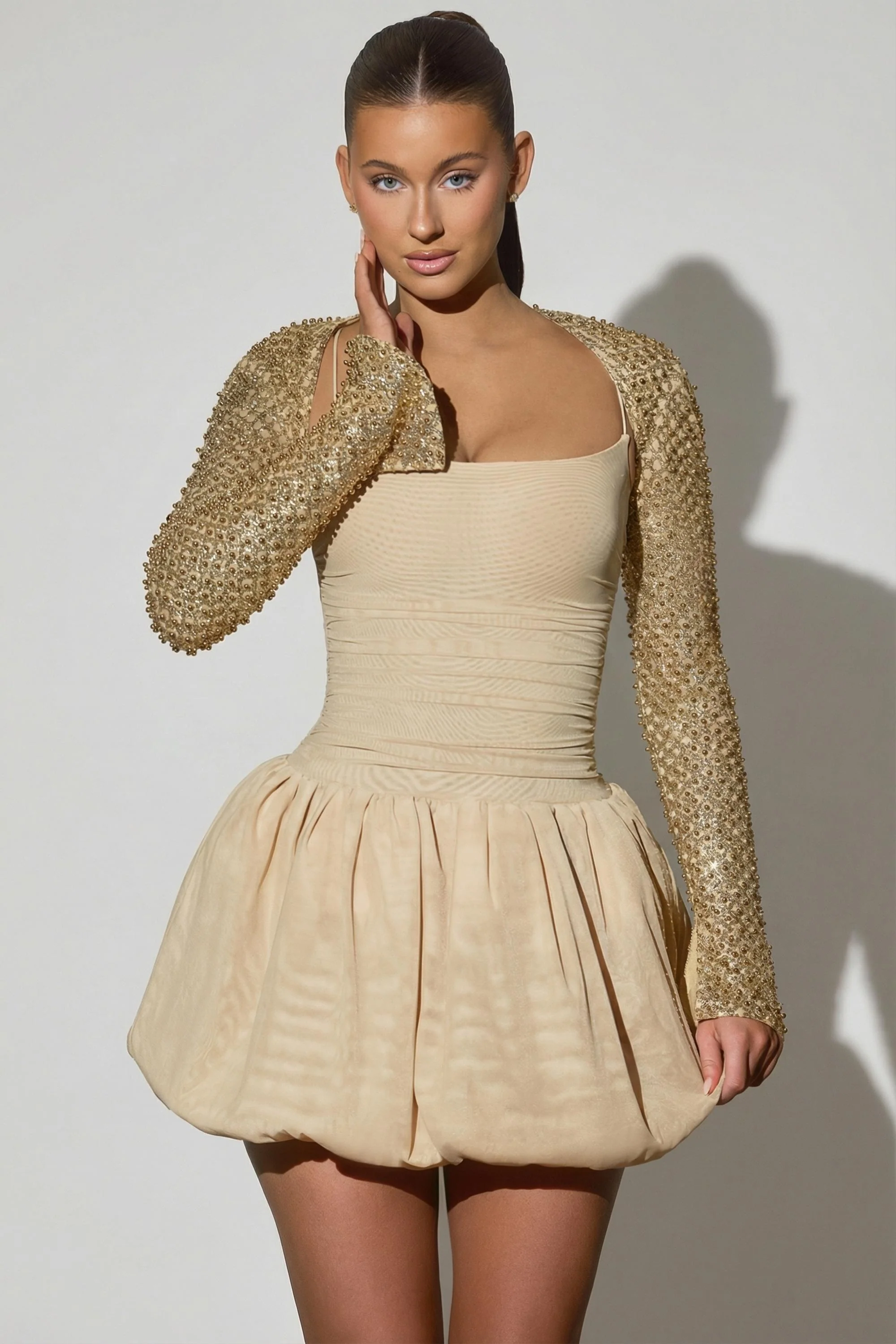 Embellished Bubble Hem Mini Dress in Gold - Image 7