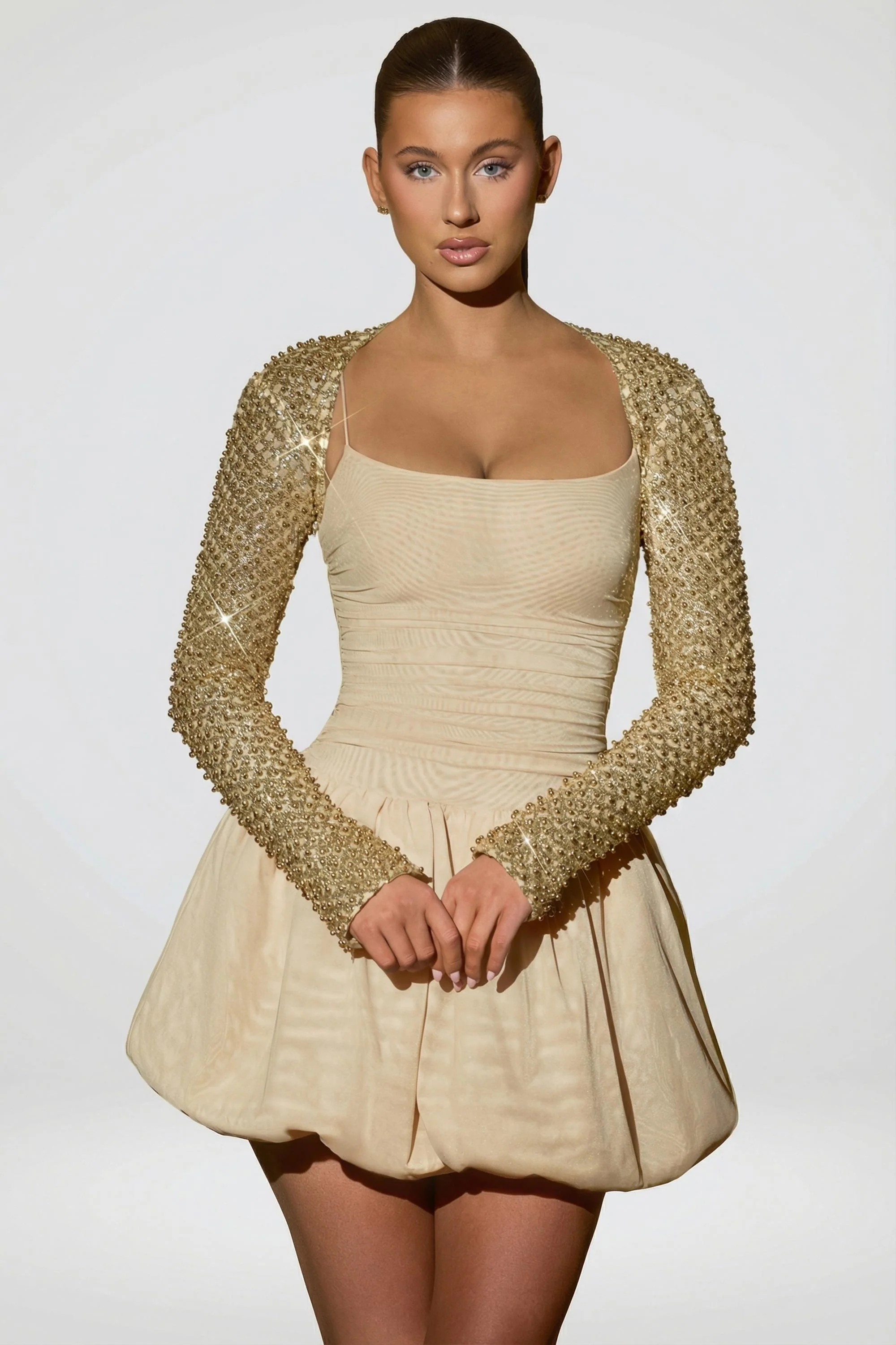 Embellished Bubble Hem Mini Dress in Gold - Image 8