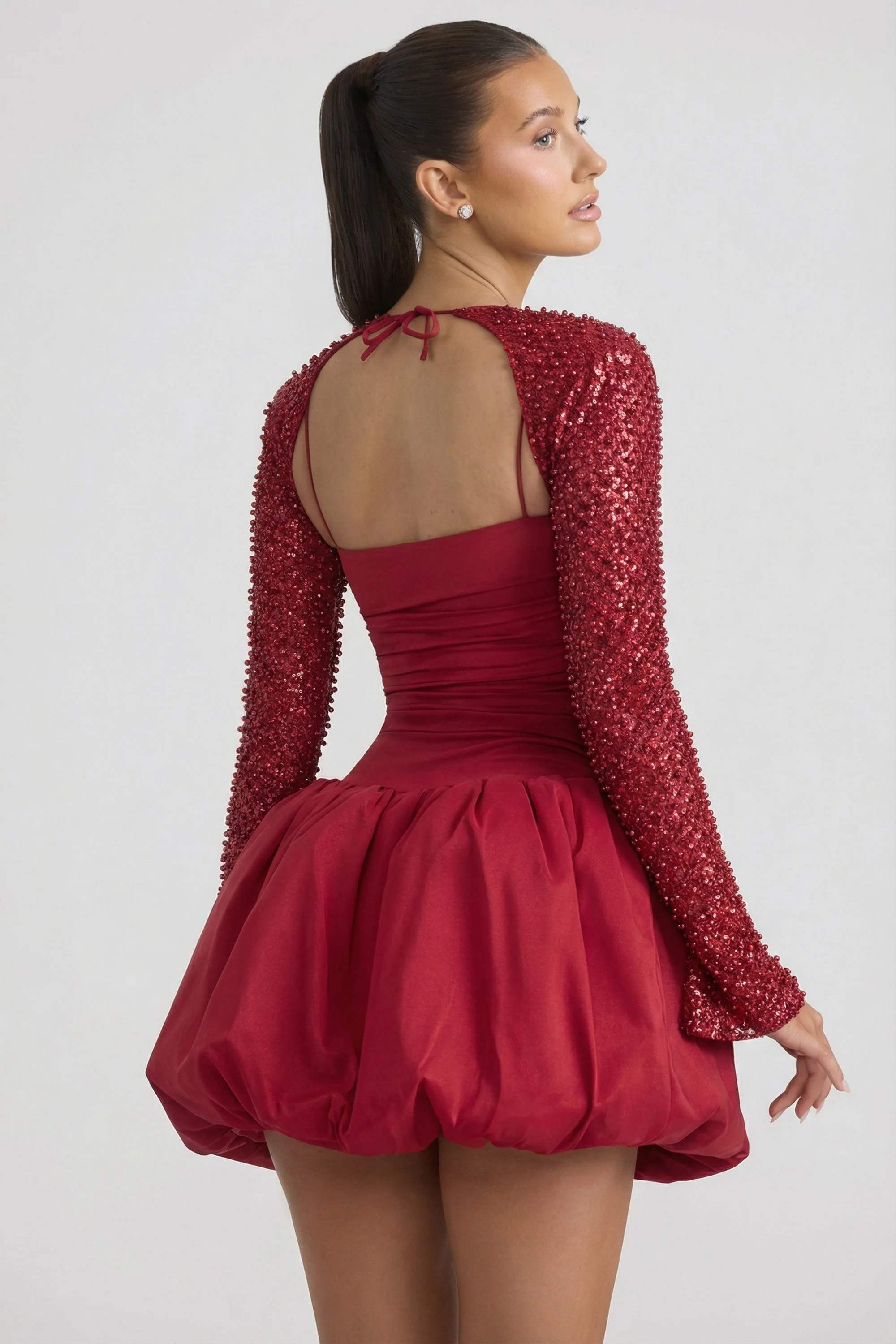 Embellished Bubble Hem Mini Dress in Red - Image 2