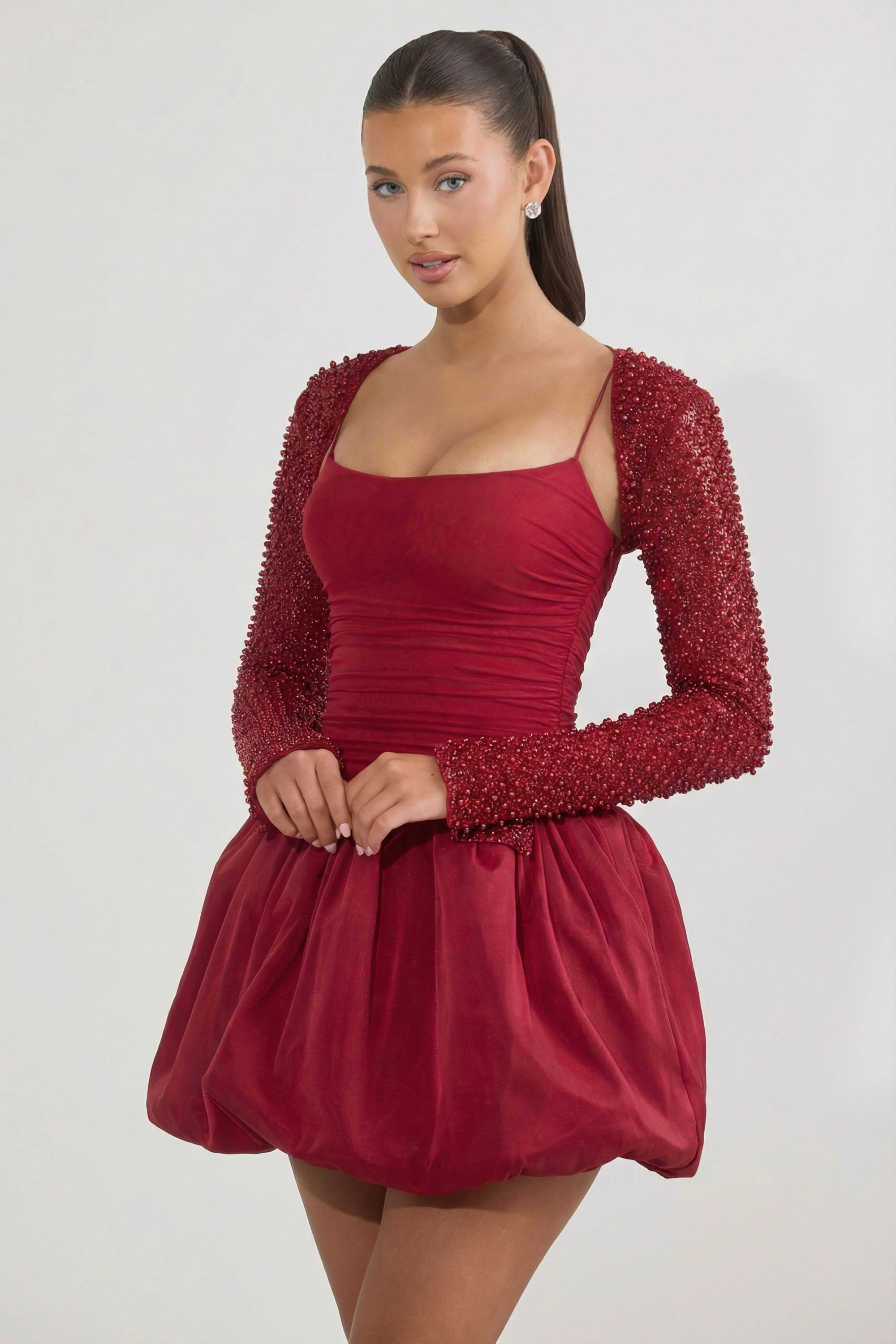 Embellished Bubble Hem Mini Dress in Red - Image 8