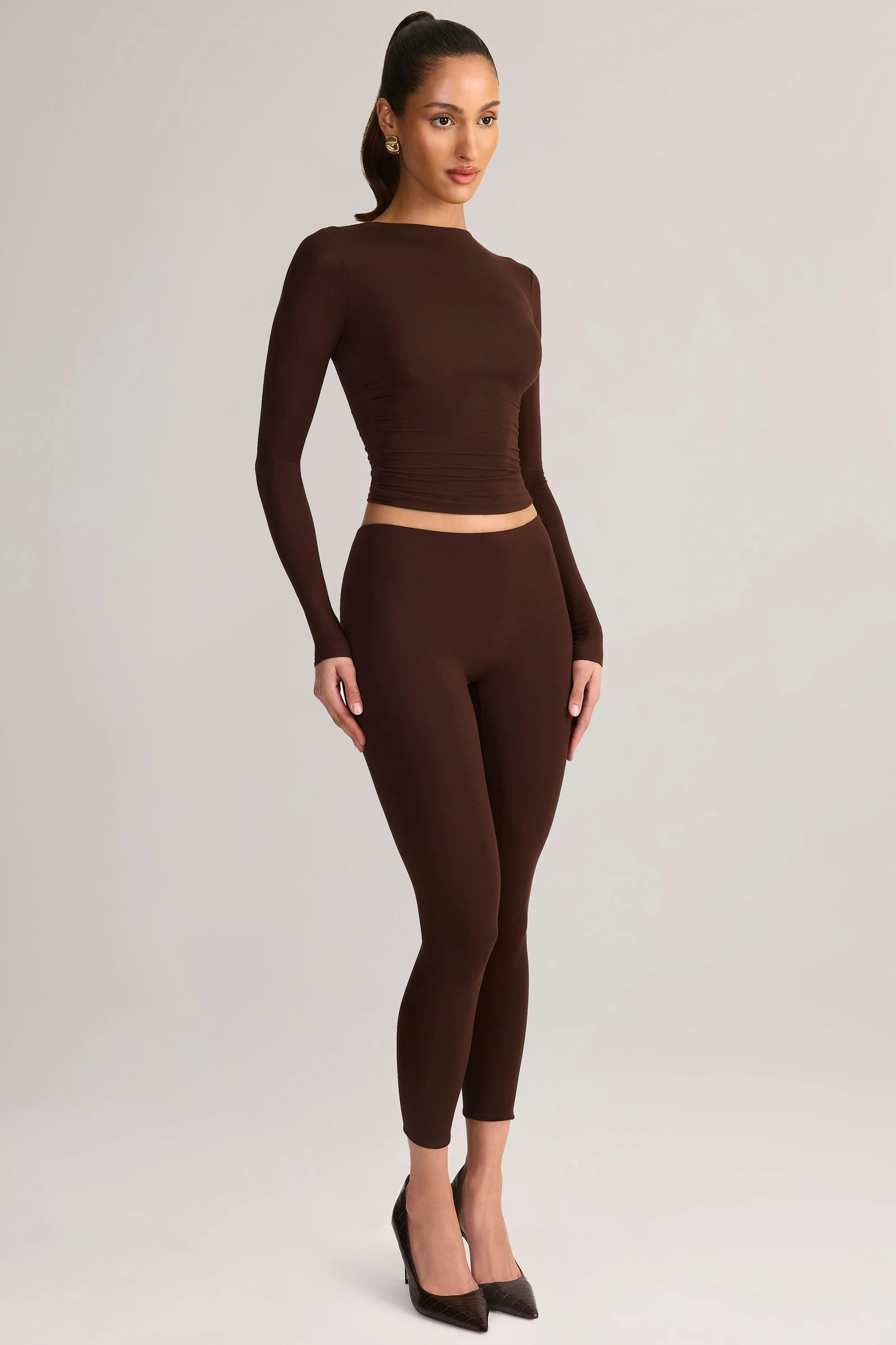 Modal Ruched Long-Sleeve Top in Chocolate Brown - Image 7