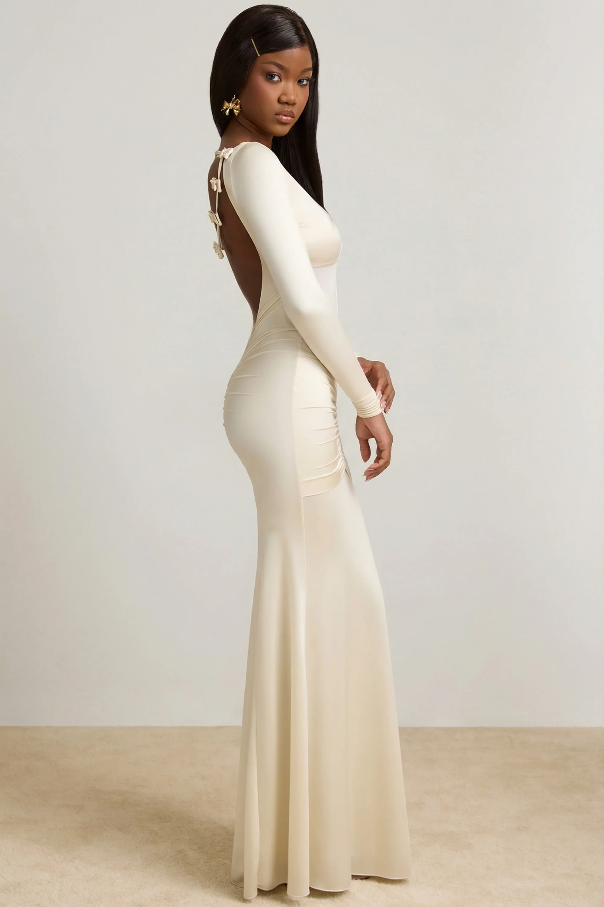 Bow-Detail Ruched Maxi Dress in Ivory - Image 4