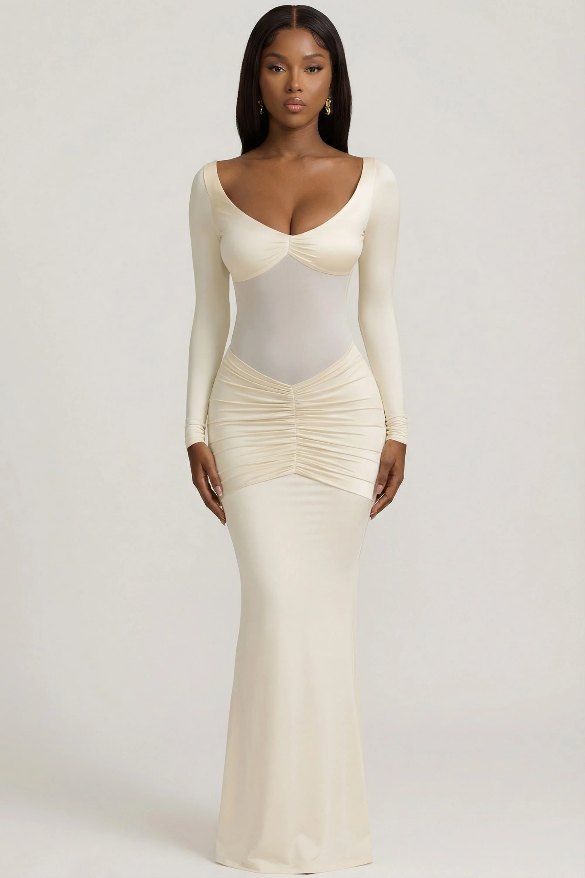 Bow-Detail Ruched Maxi Dress in Ivory - Image 6