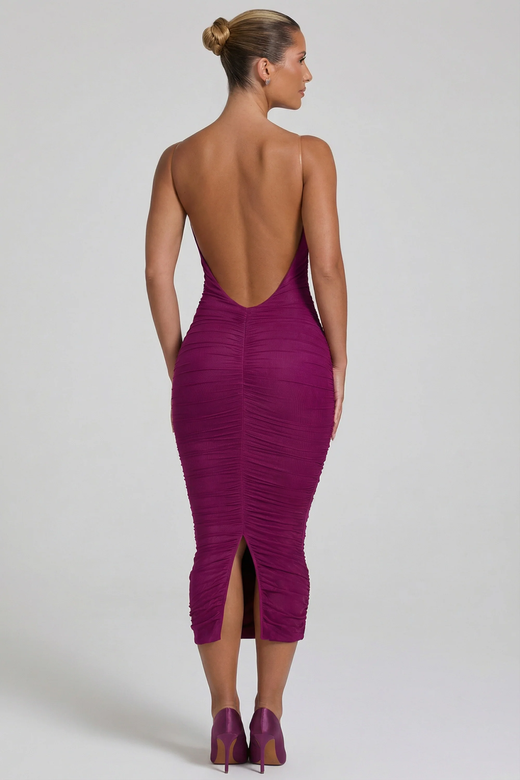 Ruched Backless Bodycon Midaxi Dress in Plum - Image 2