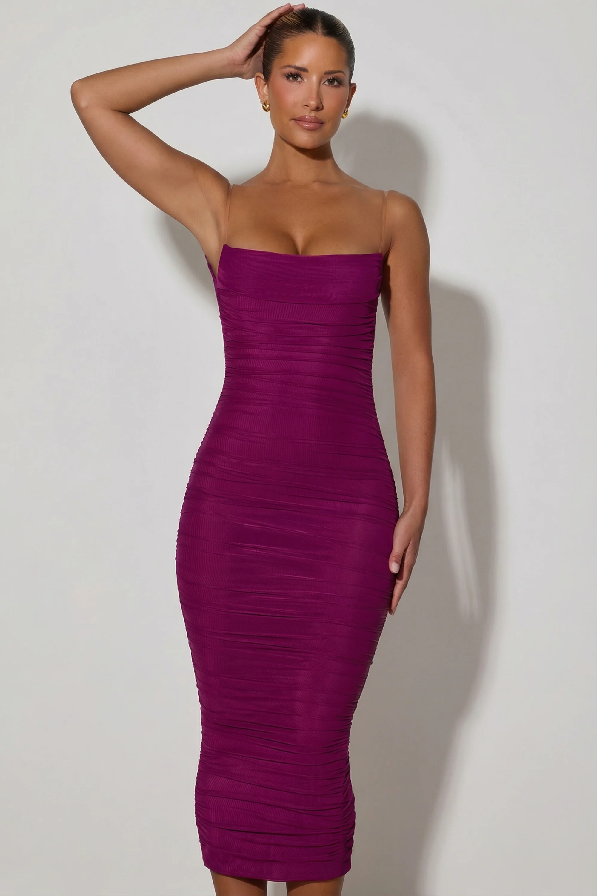 Ruched Backless Bodycon Midaxi Dress in Plum - Image 6