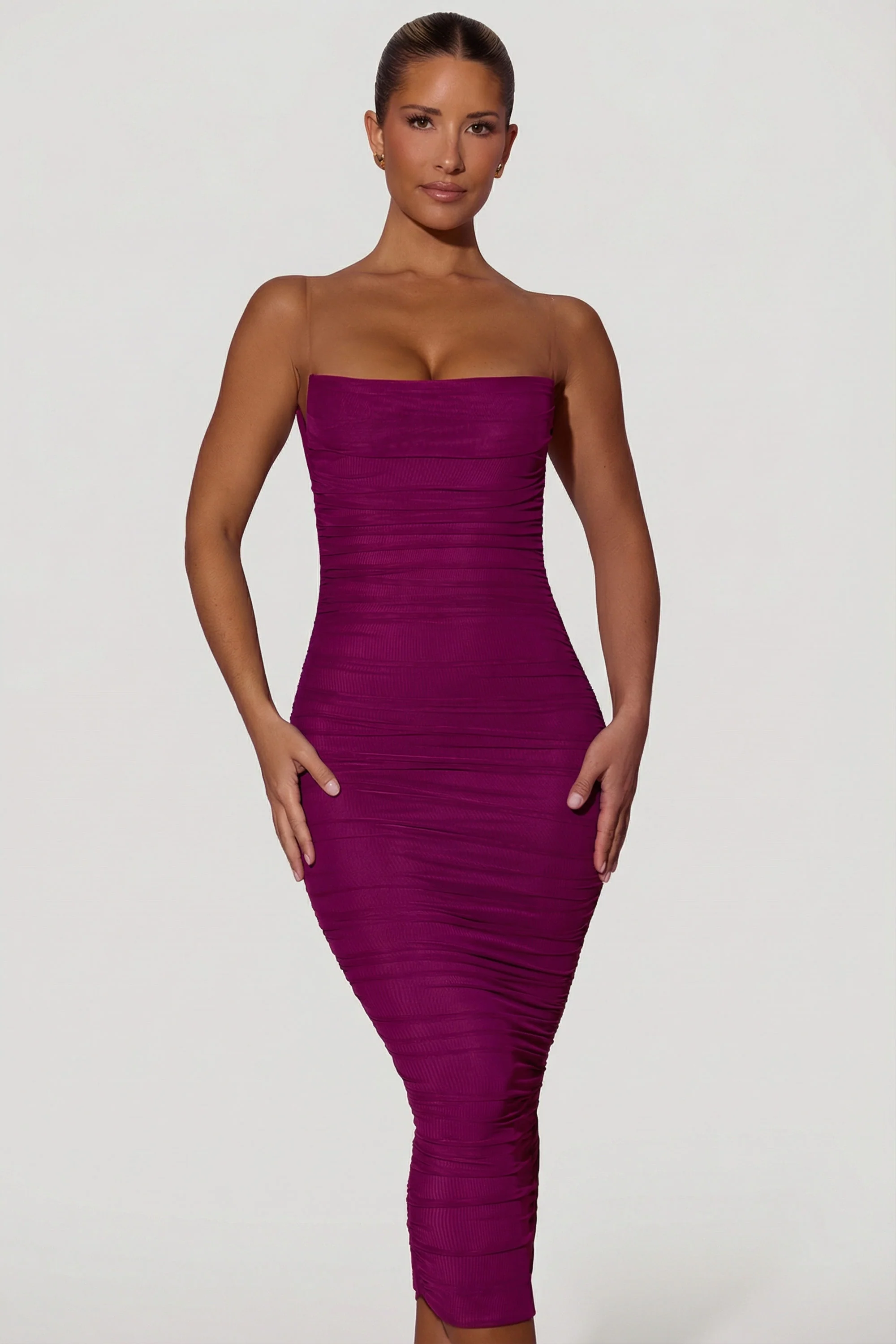 Ruched Backless Bodycon Midaxi Dress in Plum - Image 8