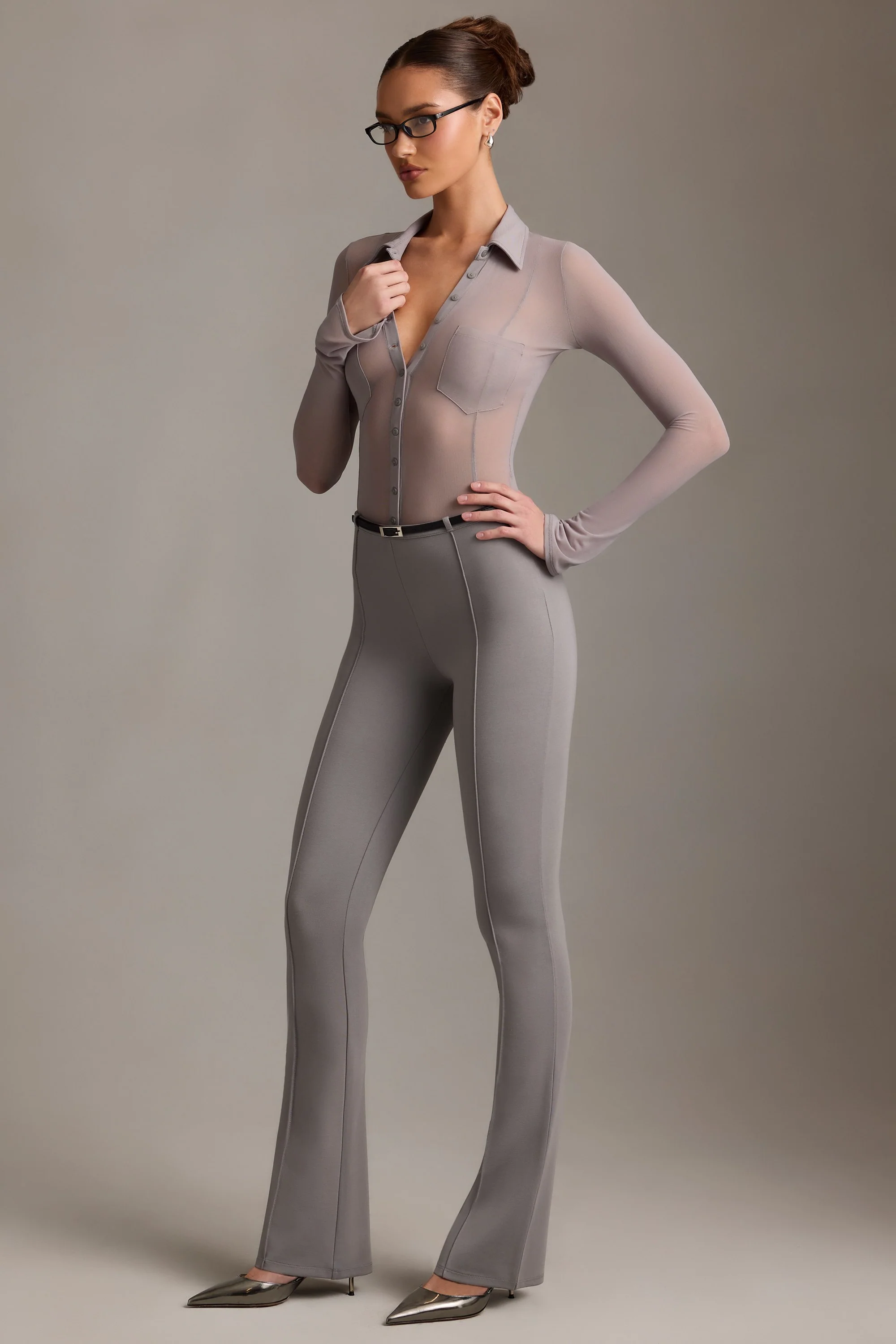 Low-Rise Flared Trousers in Grey - Image 6