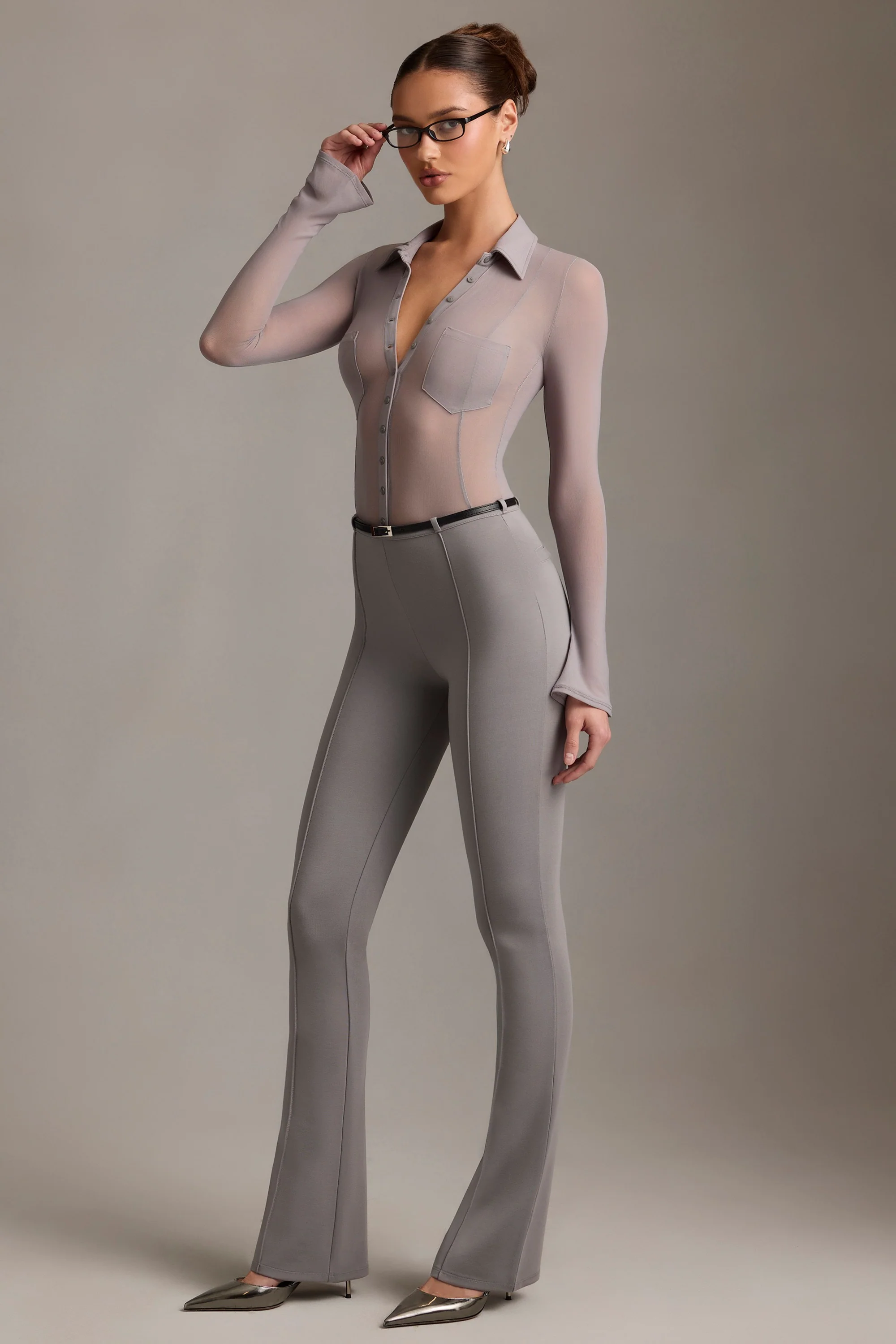 Low-Rise Flared Trousers in Grey - Image 8
