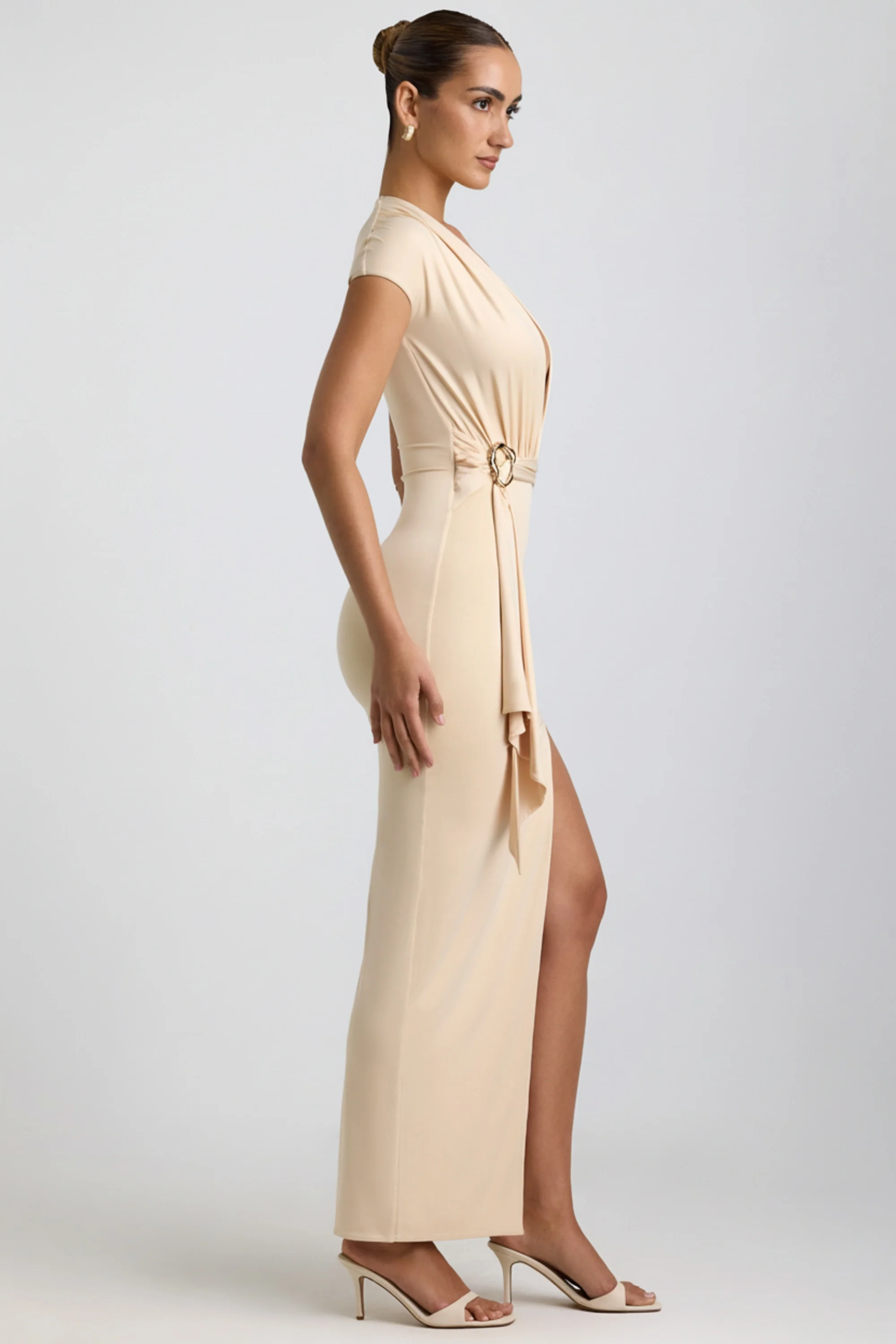 Slinky Jersey Plunge Hardware Detail Maxi Dress in Buttercream - Image 3