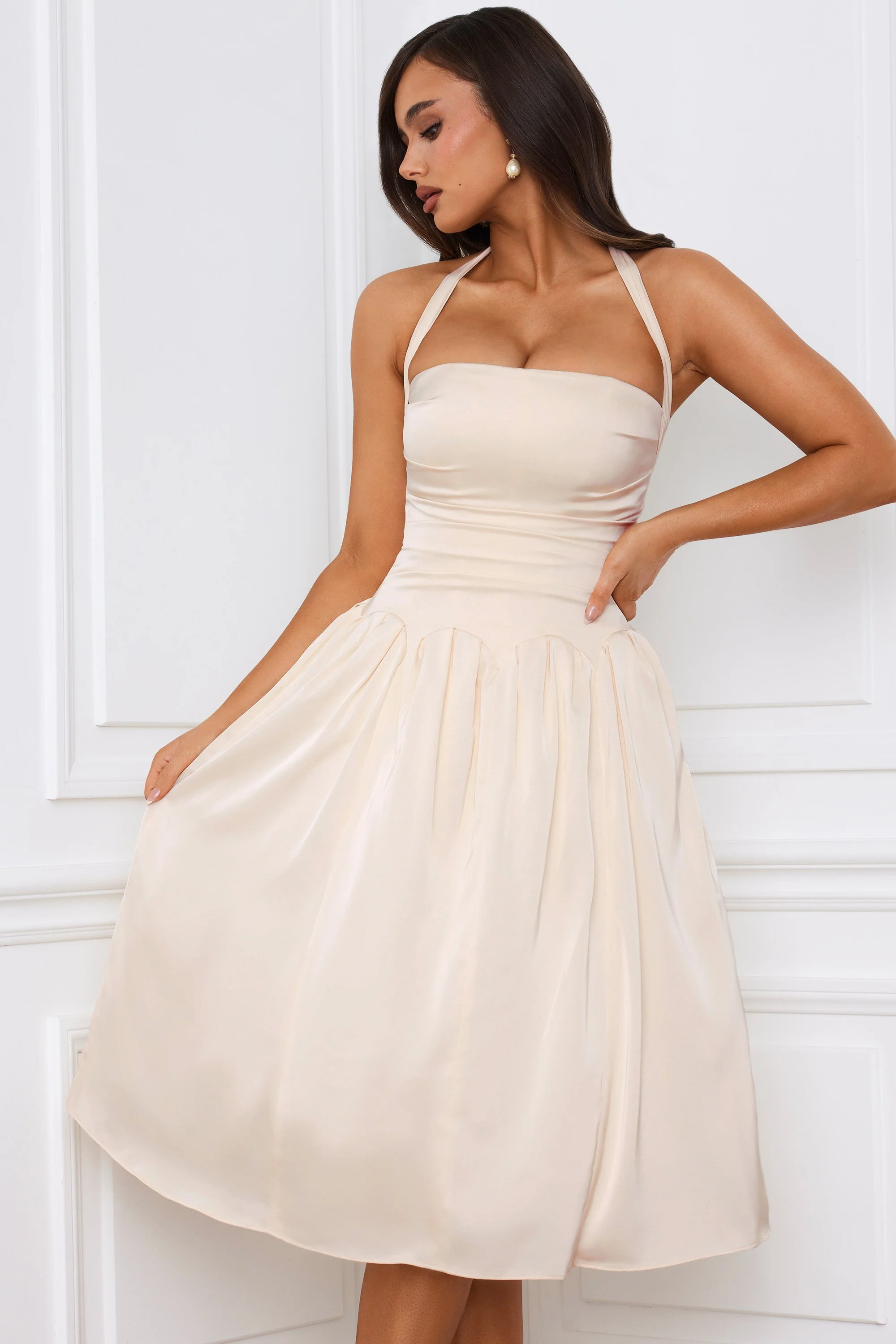 Halterneck Lace-Up Ruched Corset Midi Dress in Ivory - Image 5