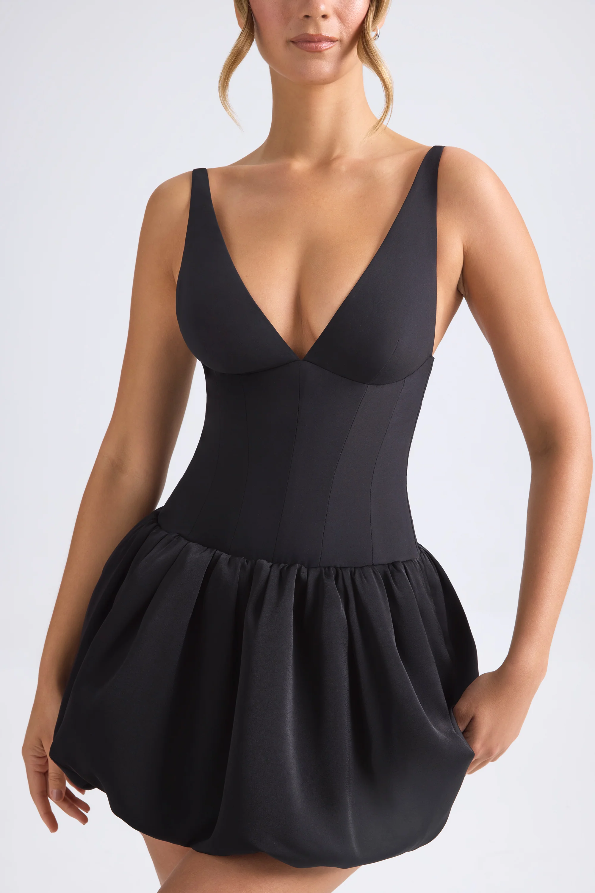 Lace-Up Bubble Hem Corset Micro Mini Dress in Black - Image 4