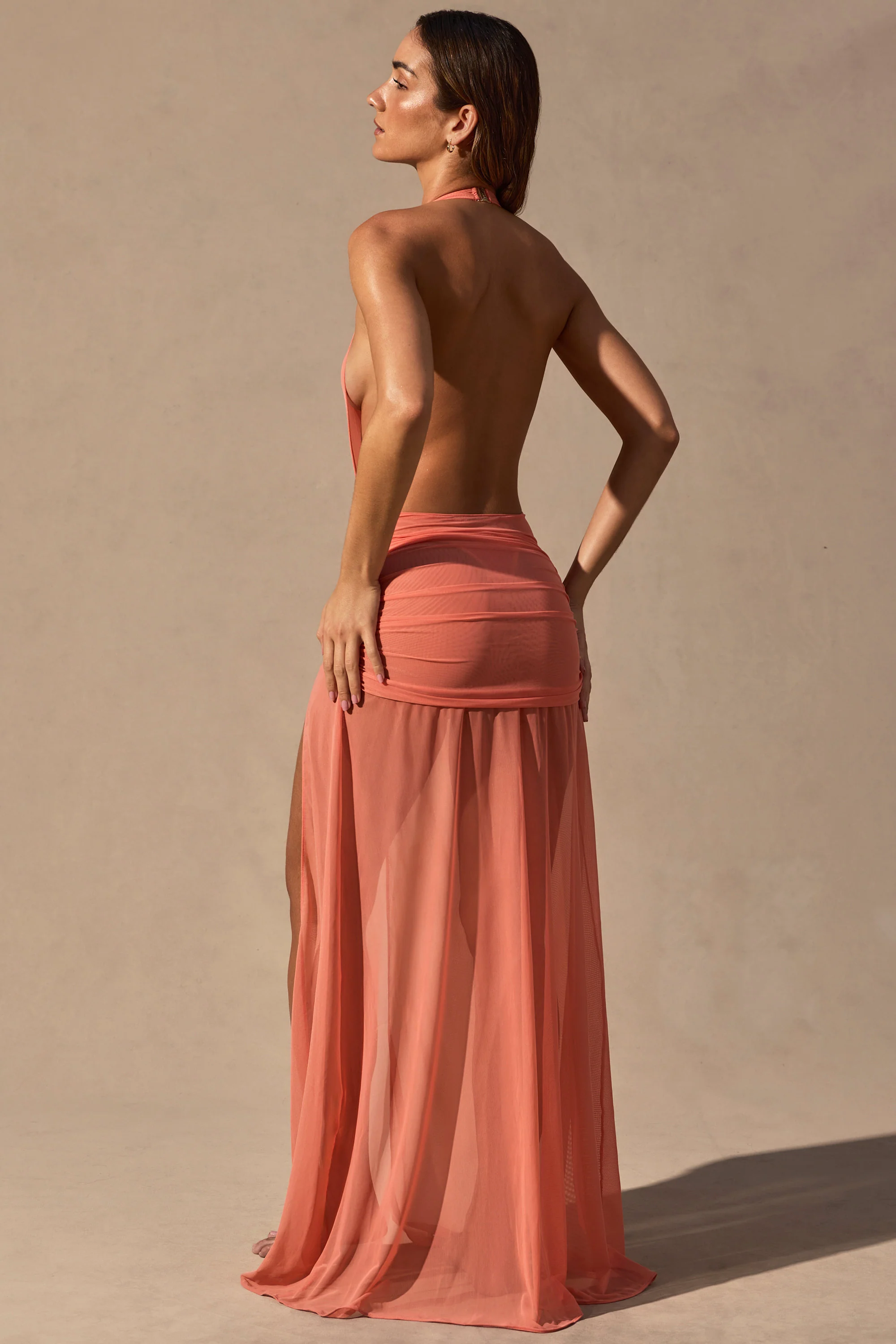 Cowl-Neck Plunge Maxi Dress in Coral - Image 2