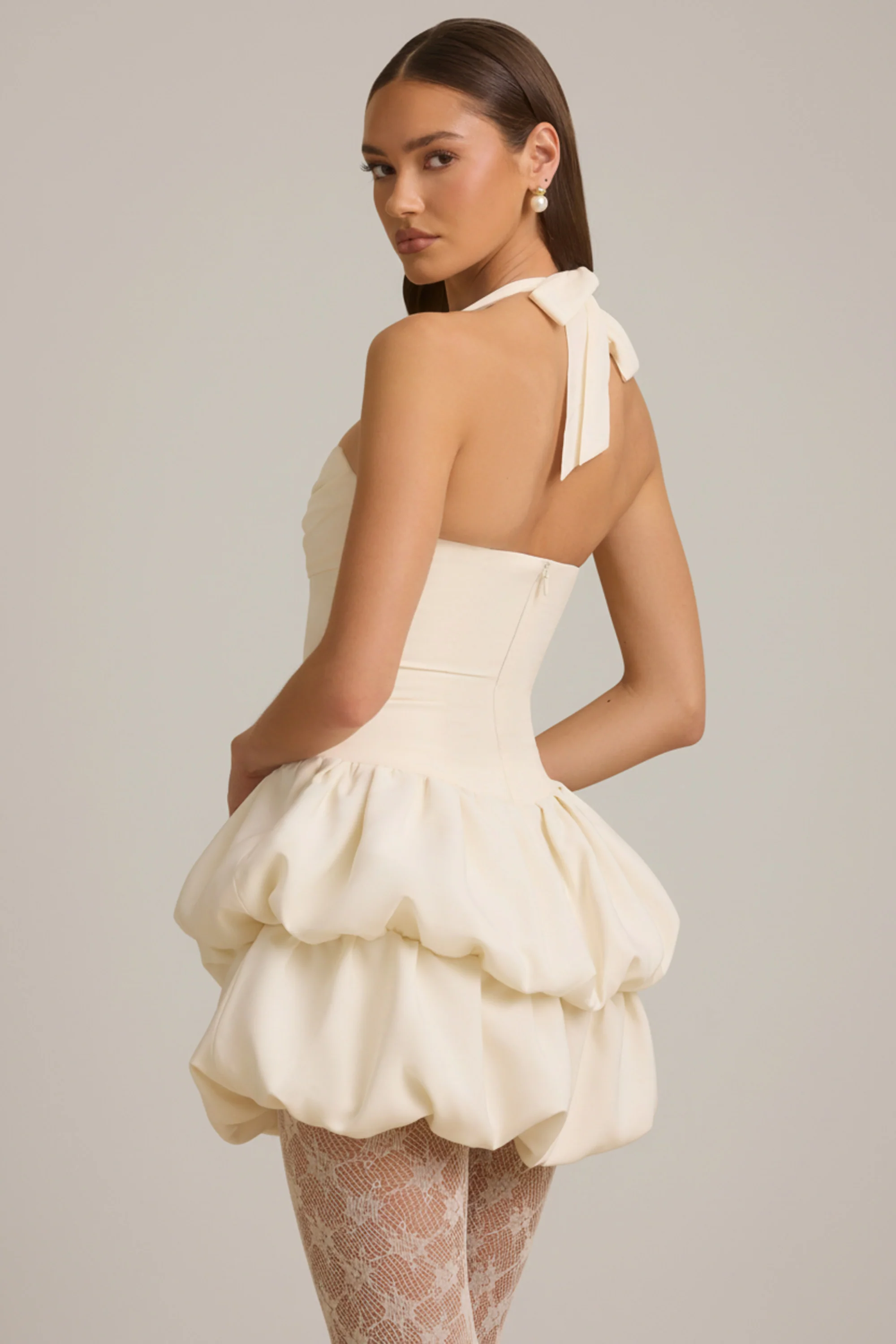 Halterneck Layered Bubble Hem Corset Mini Dress in Ivory - Image 2