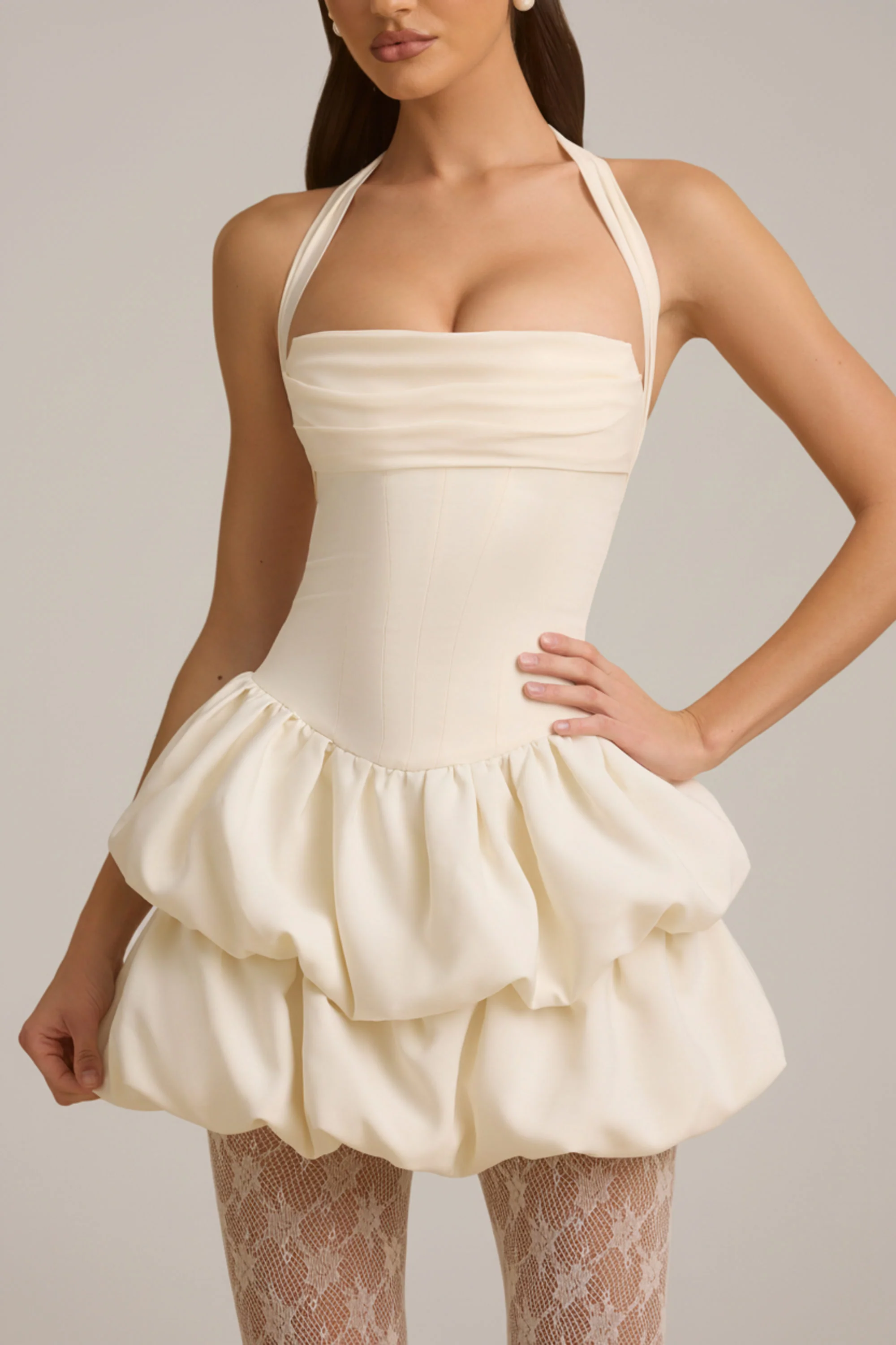 Halterneck Layered Bubble Hem Corset Mini Dress in Ivory - Image 4