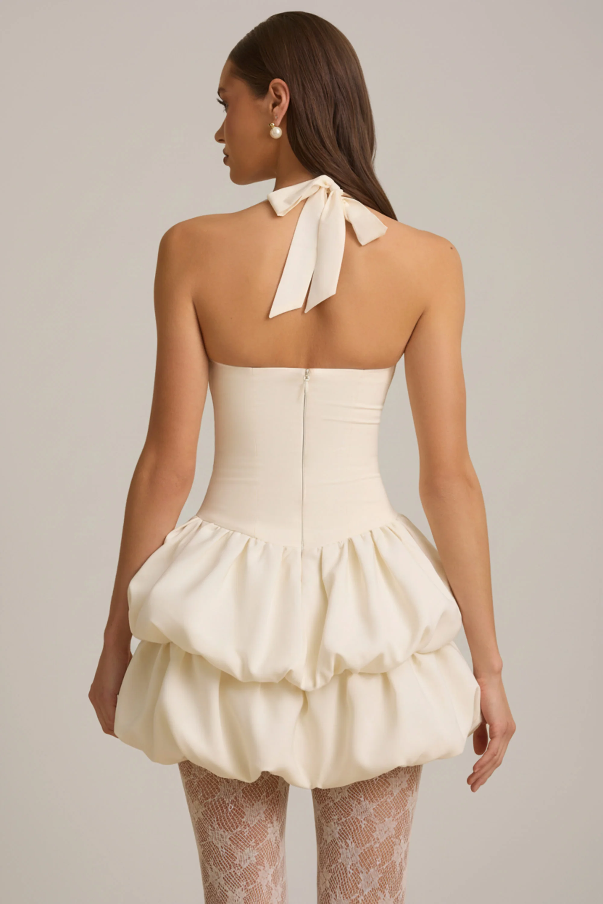 Halterneck Layered Bubble Hem Corset Mini Dress in Ivory - Image 8
