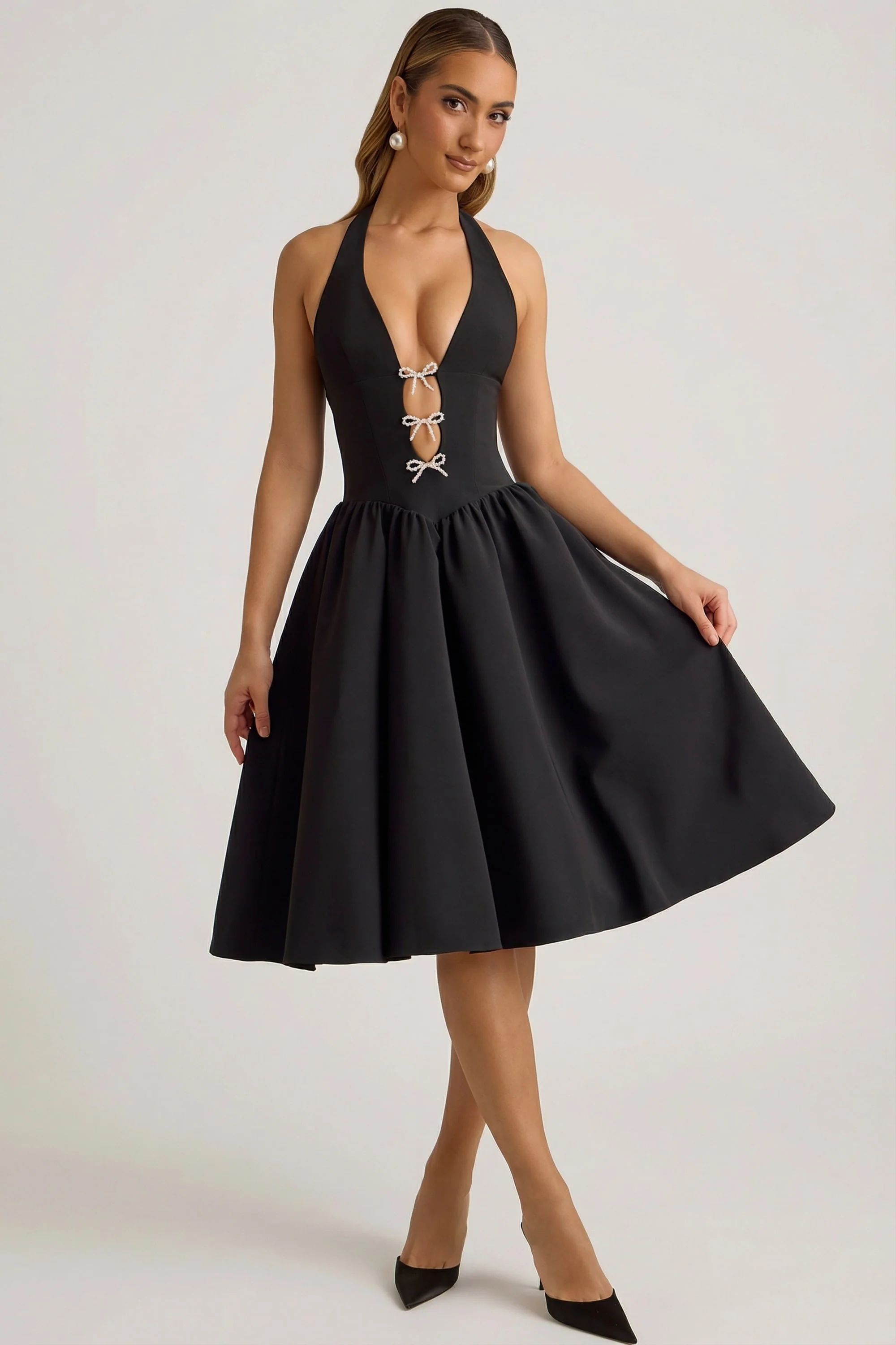 Halterneck Bow-Detail Midi Dress in Black