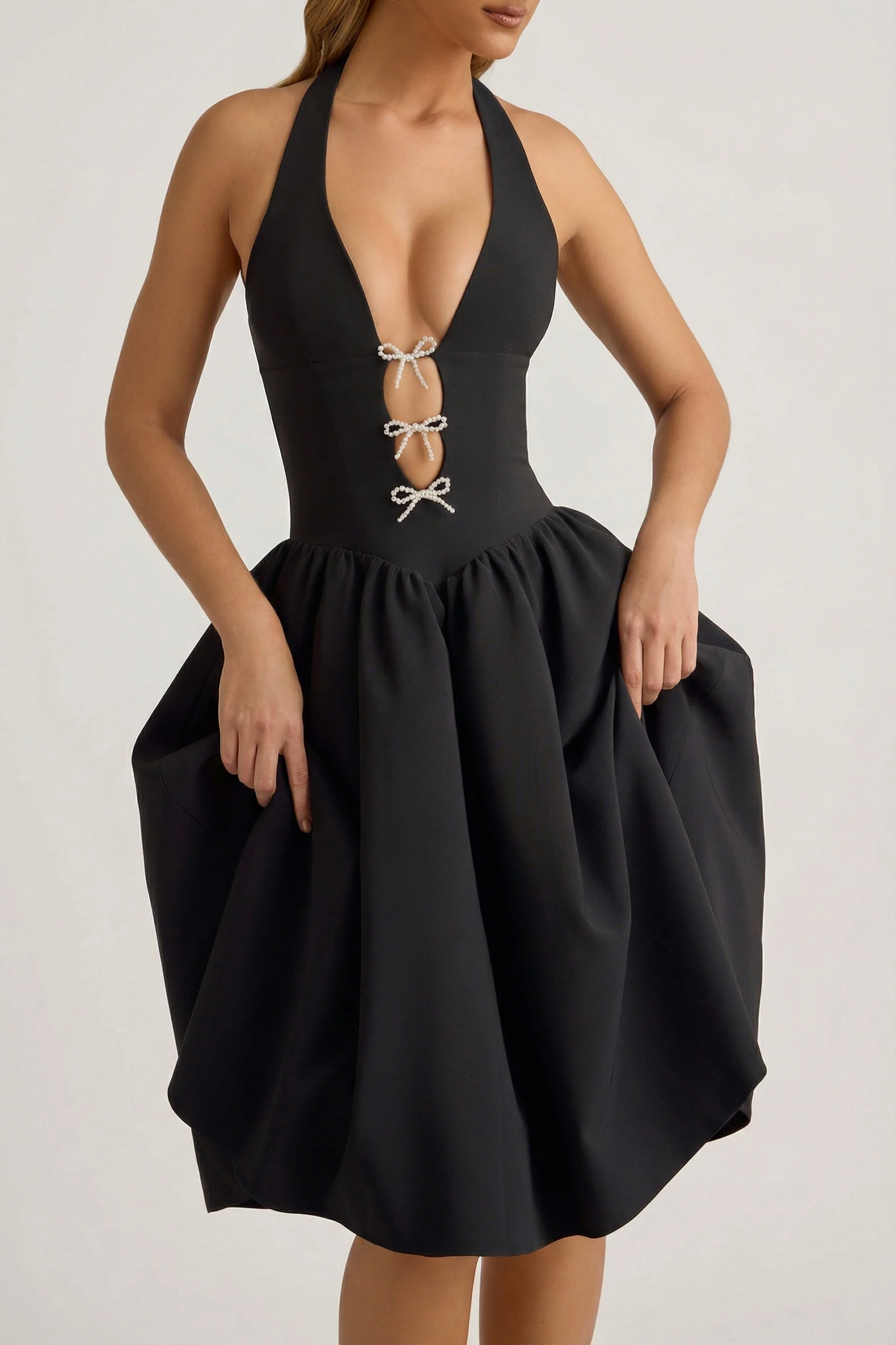 Halterneck Bow-Detail Midi Dress in Black - Image 3