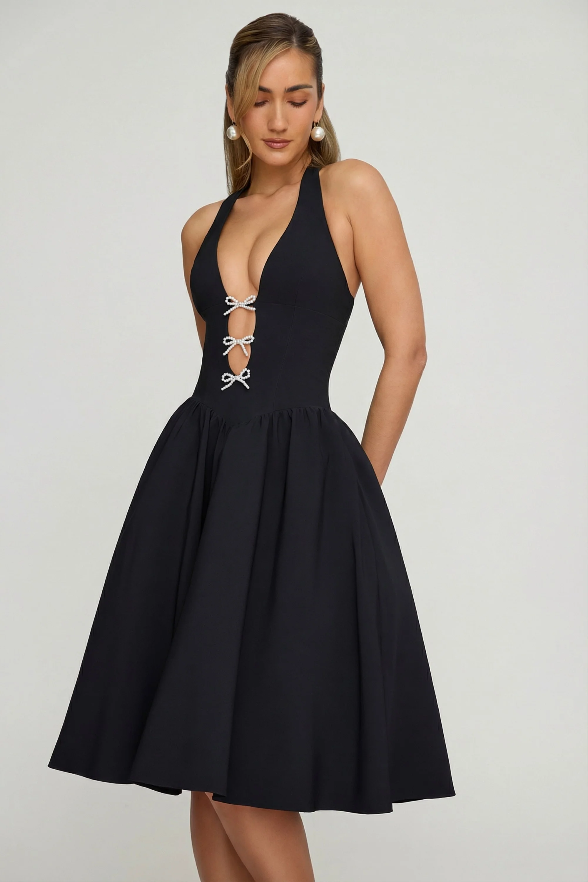 Halterneck Bow-Detail Midi Dress in Black - Image 6