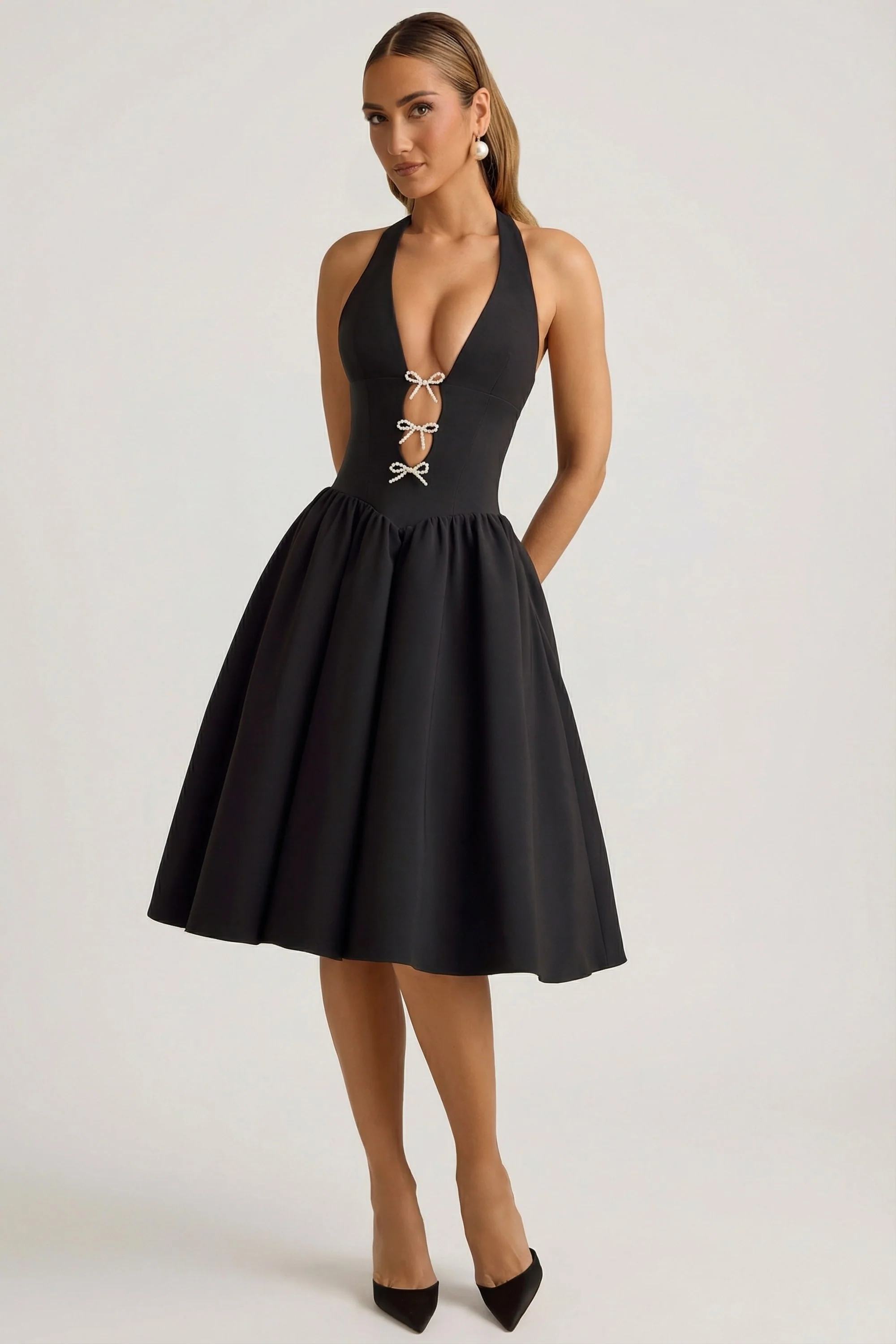 Halterneck Bow-Detail Midi Dress in Black - Image 7