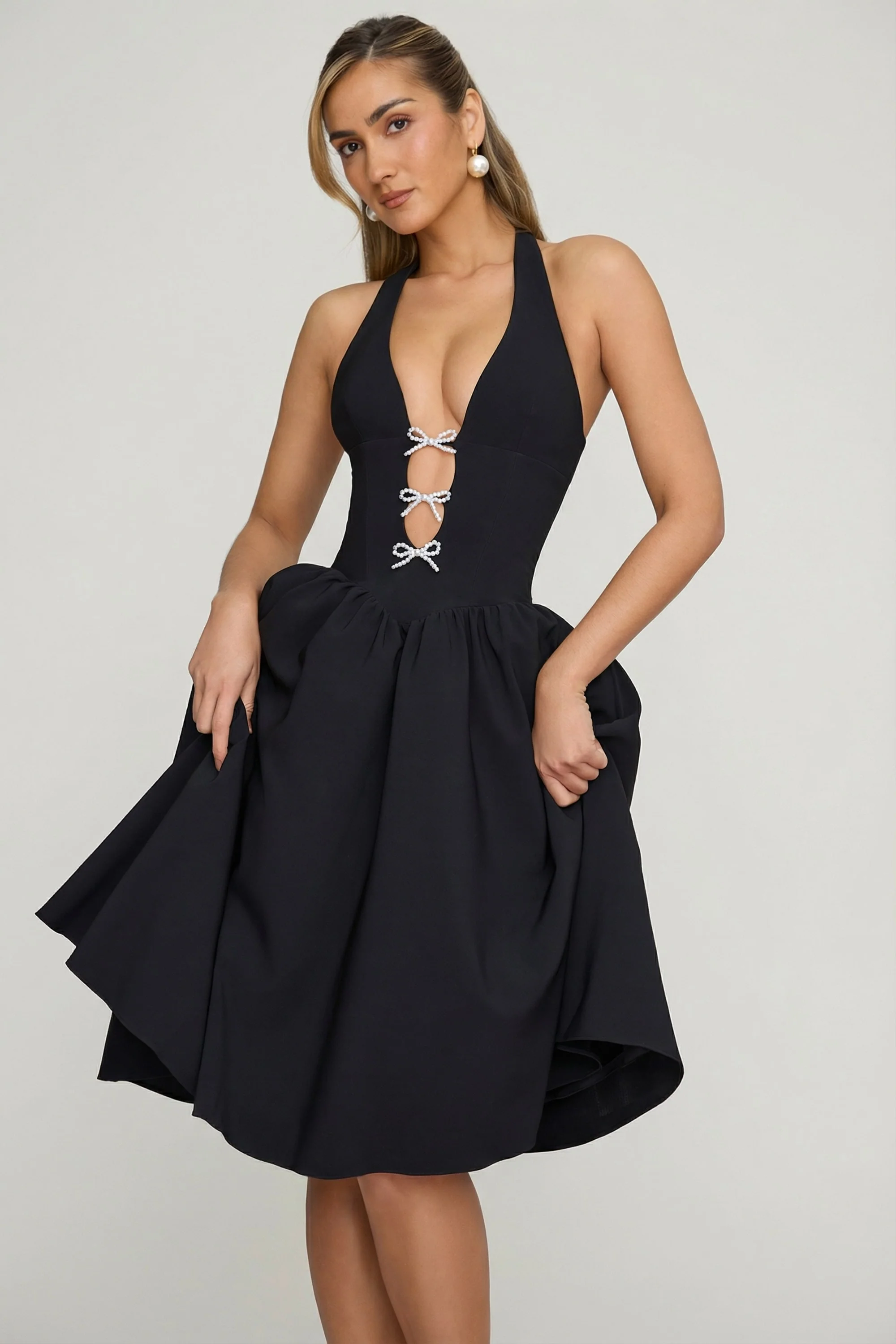 Halterneck Bow-Detail Midi Dress in Black - Image 8