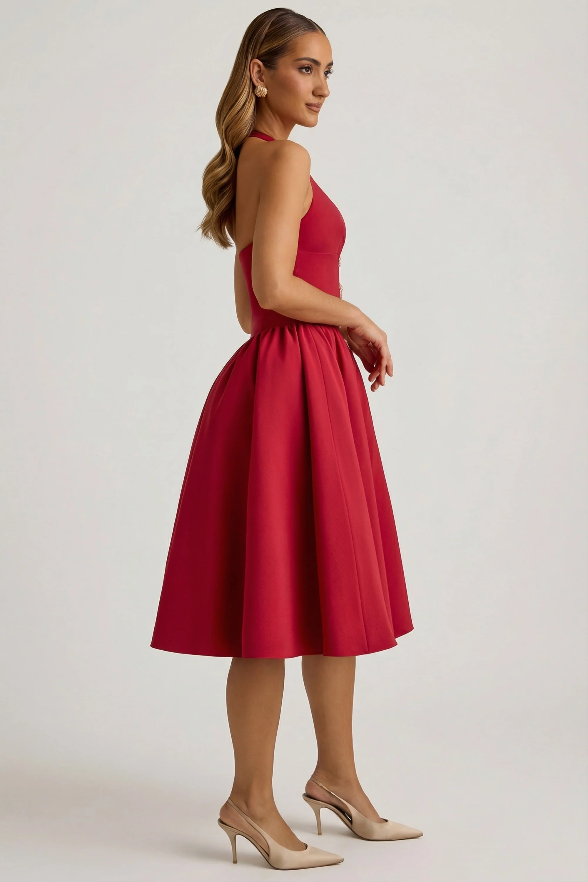 Halterneck Bow-Detail Midi Dress in True Red - Image 4