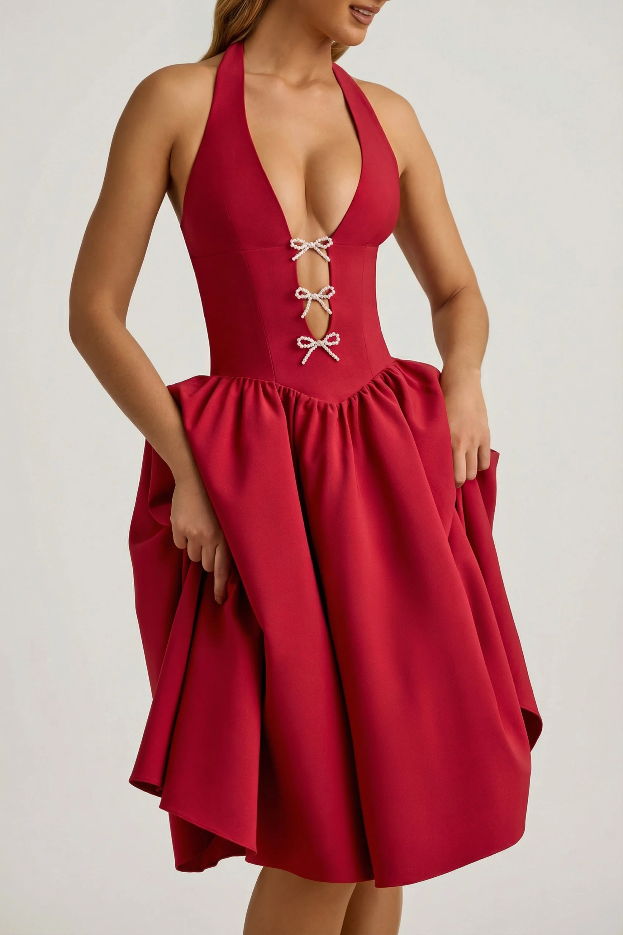Halterneck Bow-Detail Midi Dress in True Red - Image 7