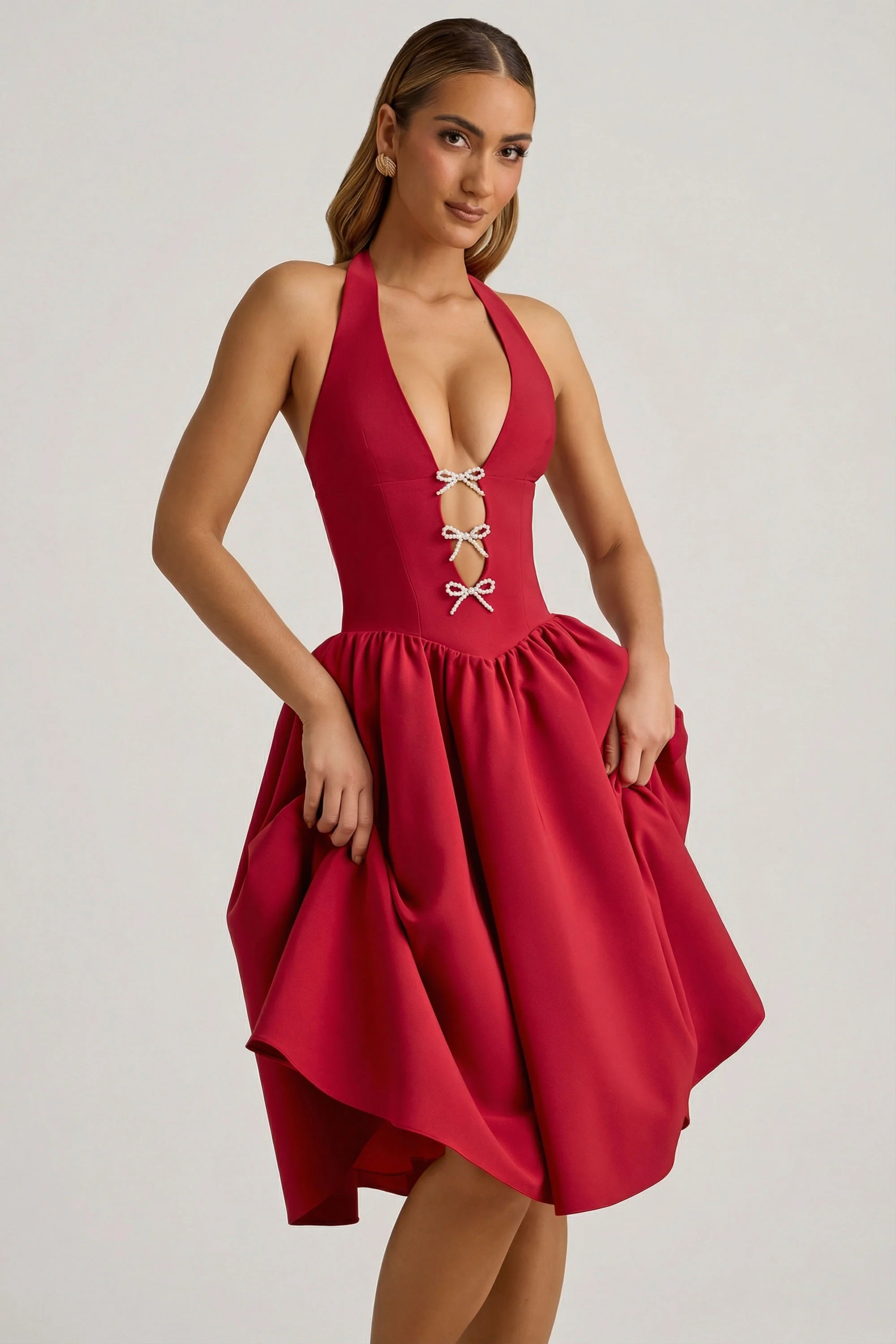 Halterneck Bow-Detail Midi Dress in True Red - Image 8