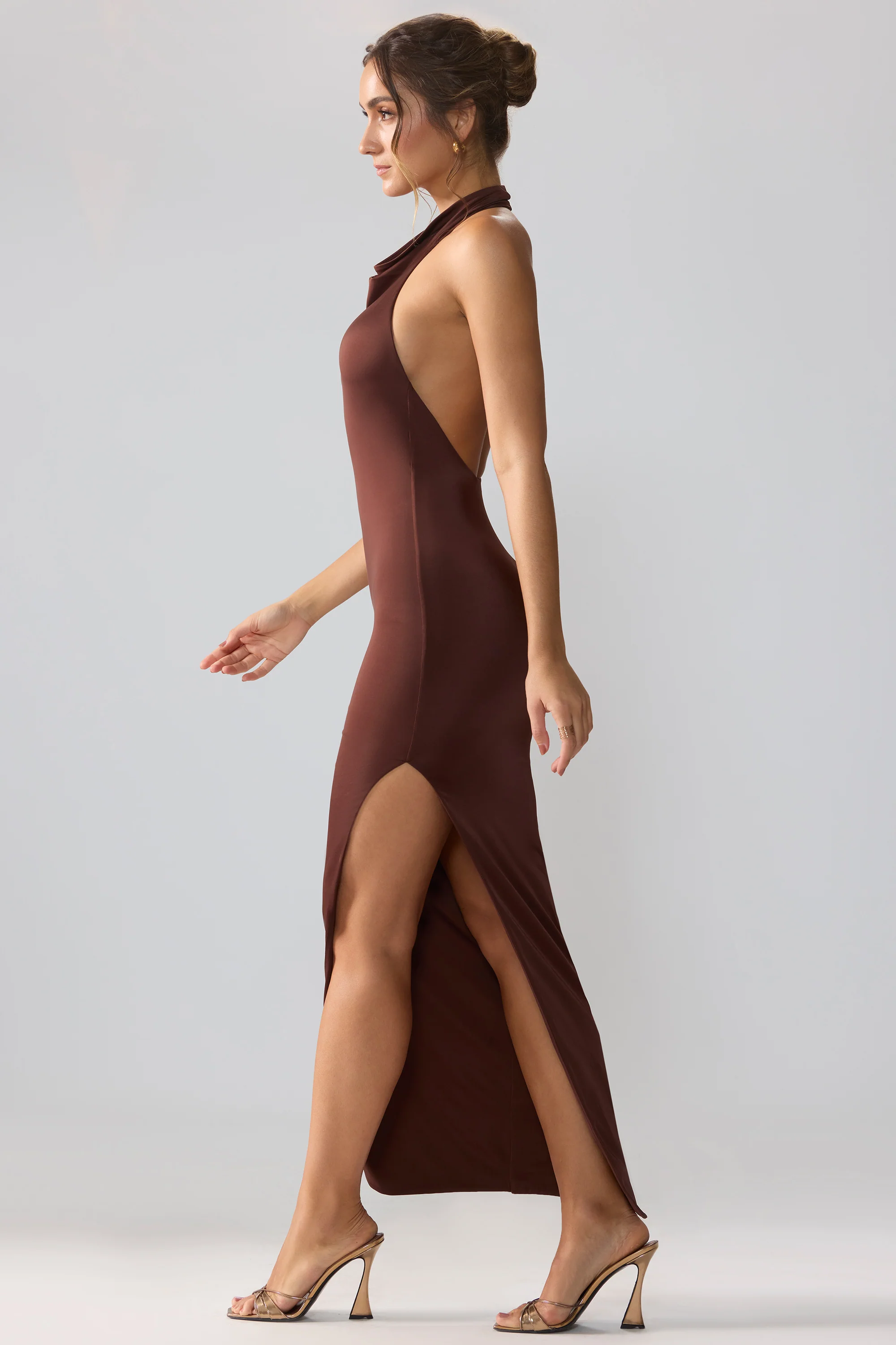 Jersey Cowl Neck Backless Maxi Dress in Espresso - Image 3