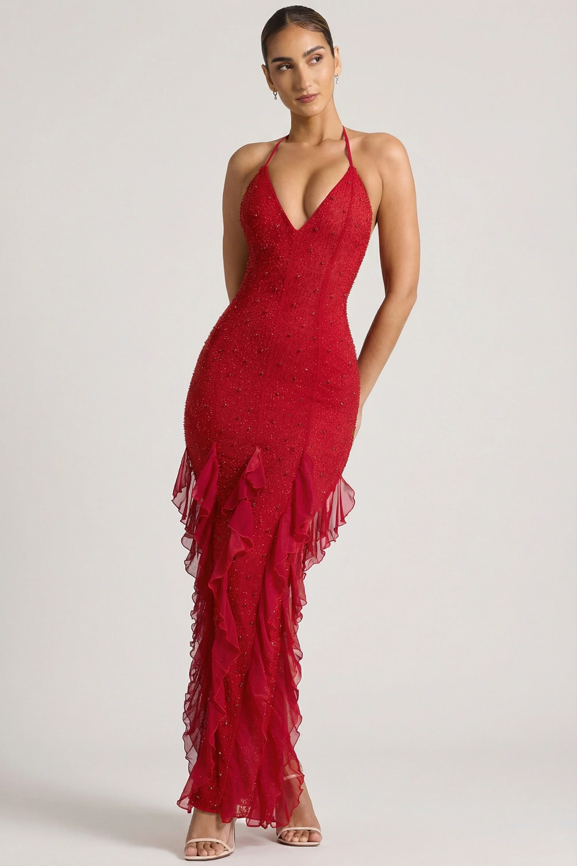Embellished Halter Neck Ruffle Maxi Dress in Red - Image 8