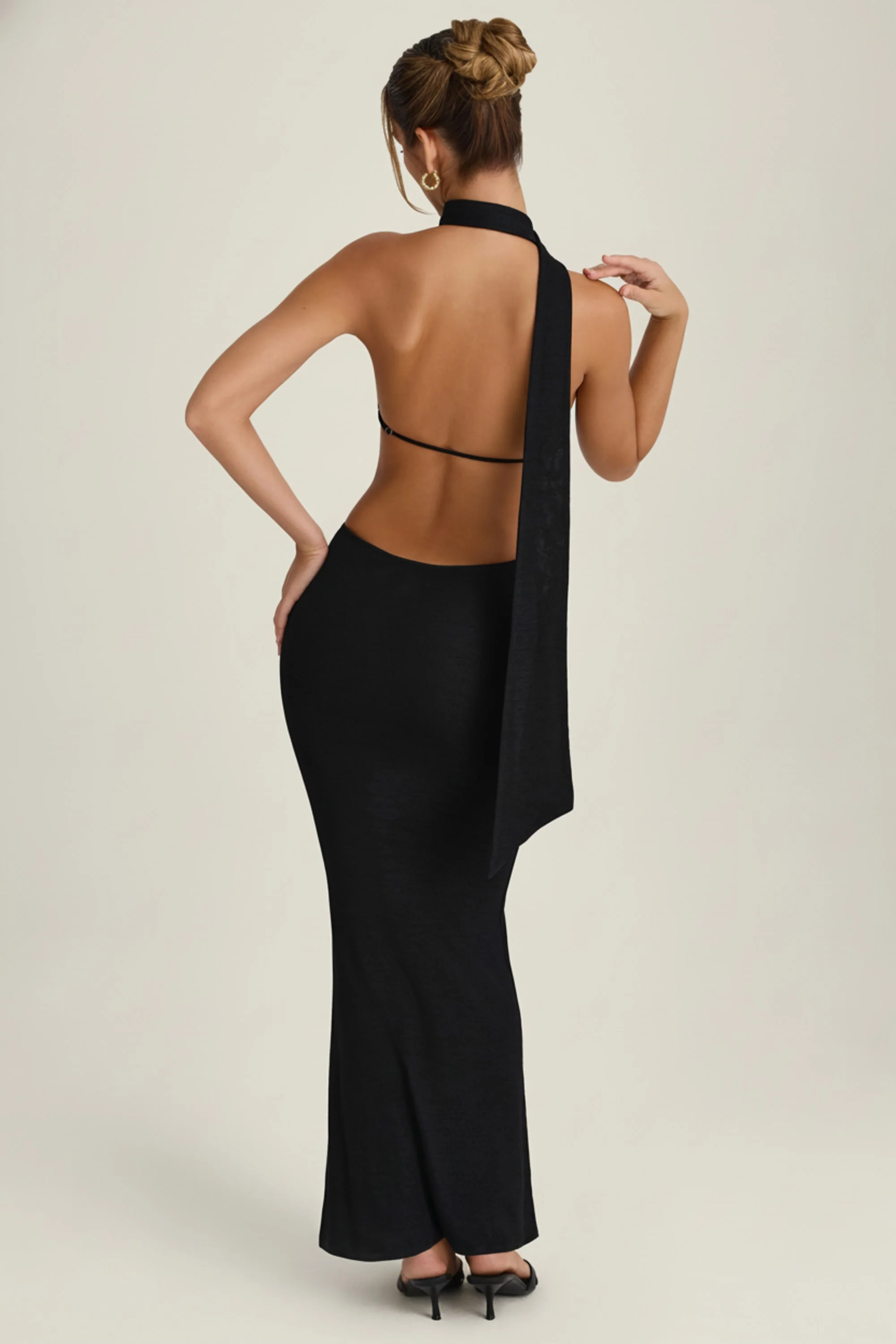 Scarf-Detail Cut-Out Halterneck Maxi Dress in Black - Image 2