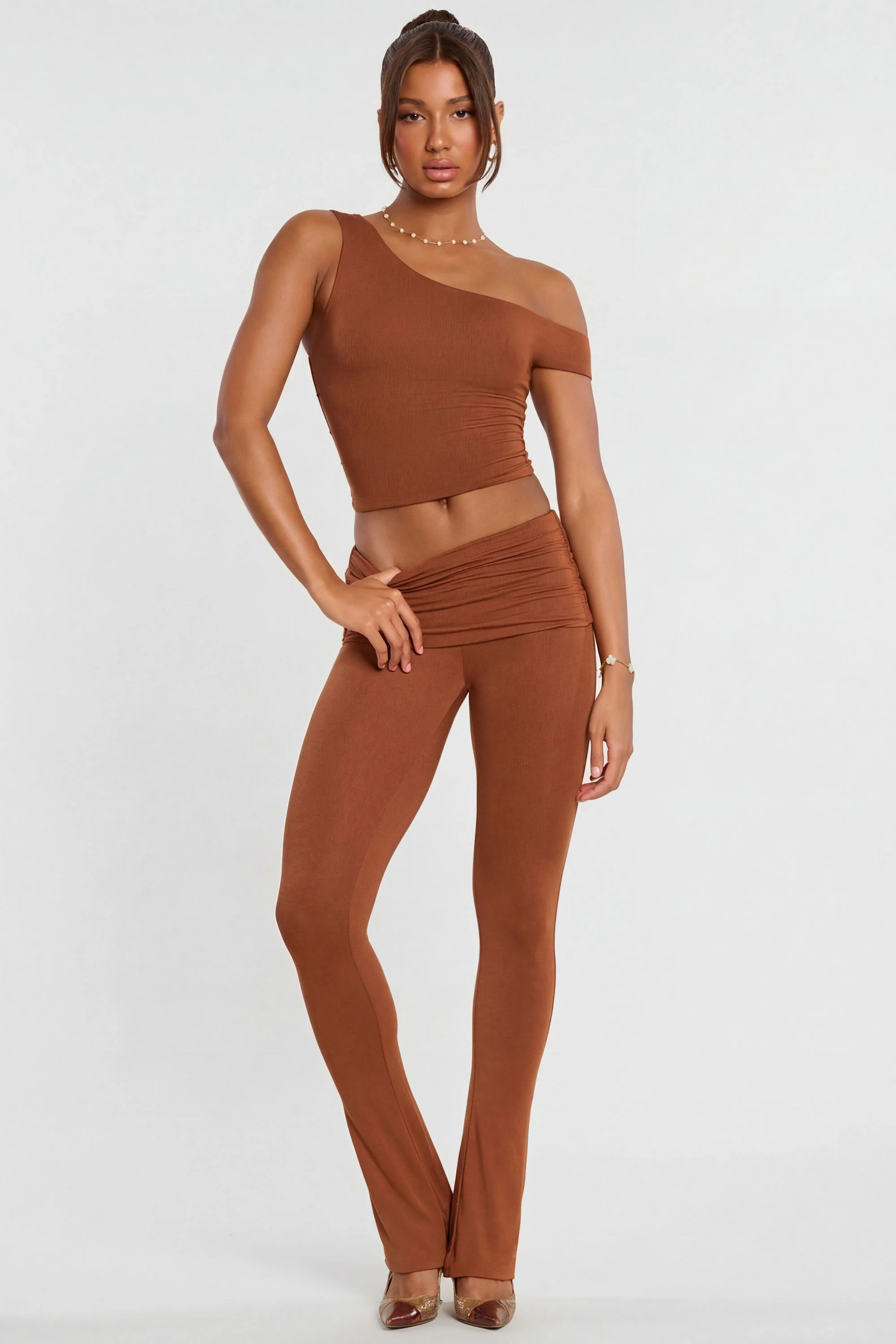 Mid Rise Modal Cashmere Blend Trousers in Chestnut Brown - Image 3