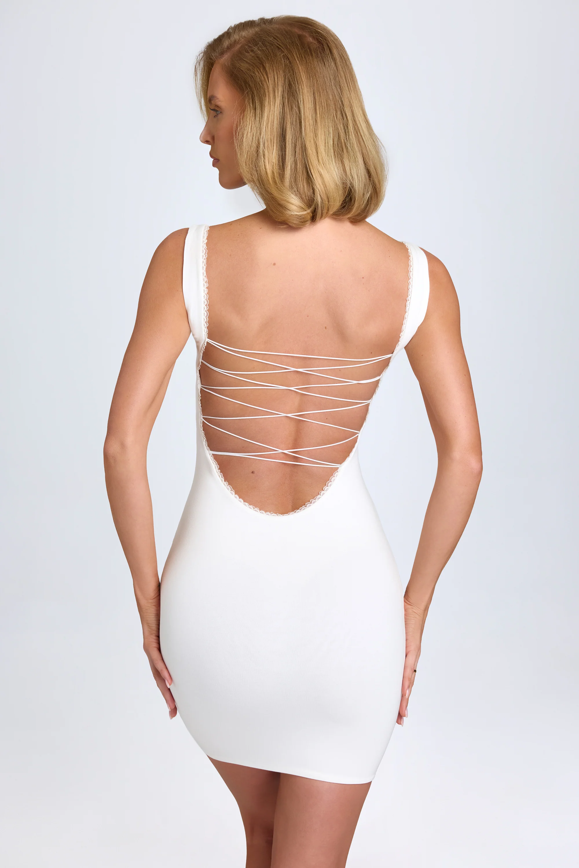 Modal Lace-Trim Bodycon Mini Dress in White - Image 4