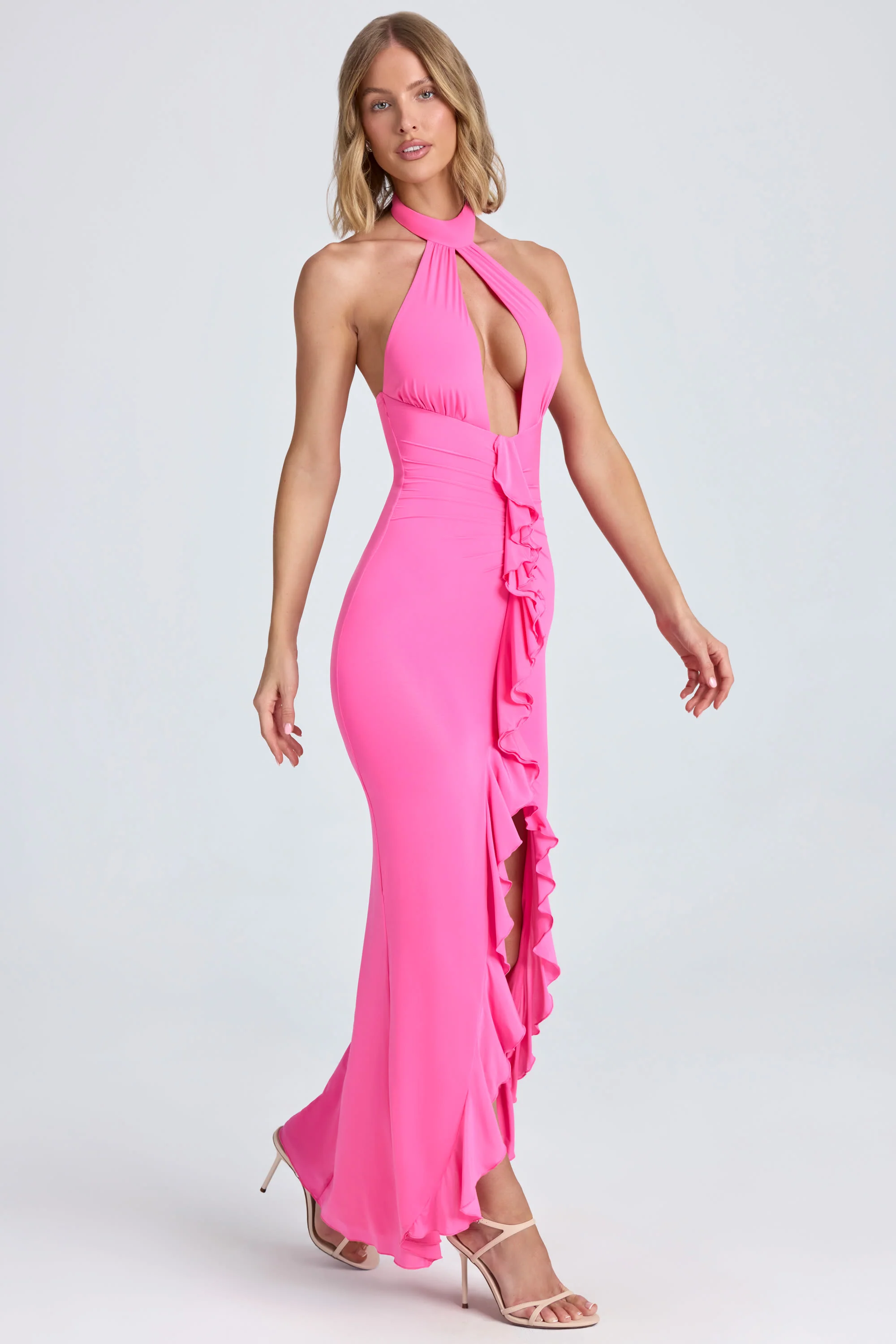 Ruffle-Trim Halterneck Gown in Lollipop Pink - Image 4