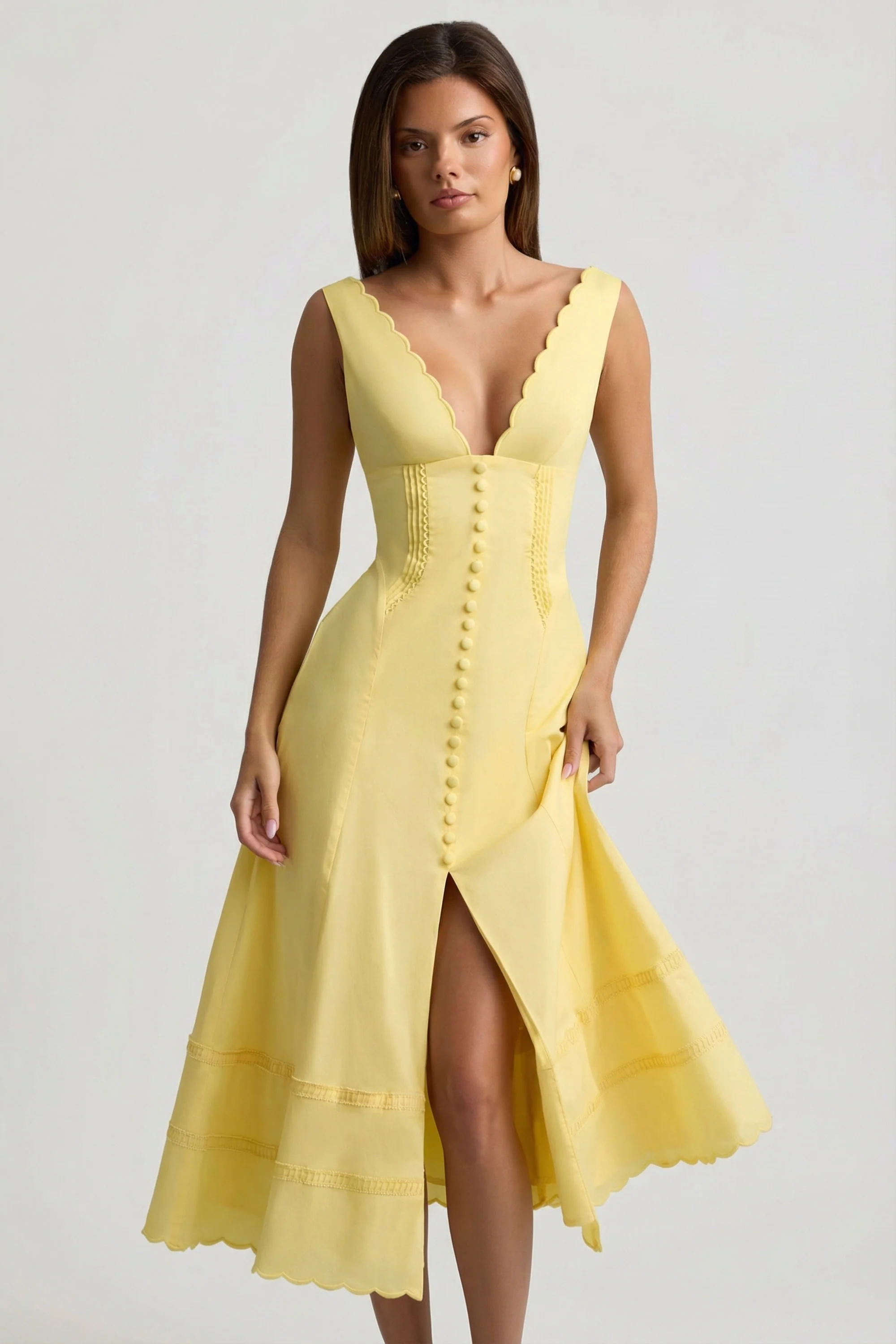 Cotton-Poplin A-Line Midaxi Dress in Pastel Yellow - Image 5