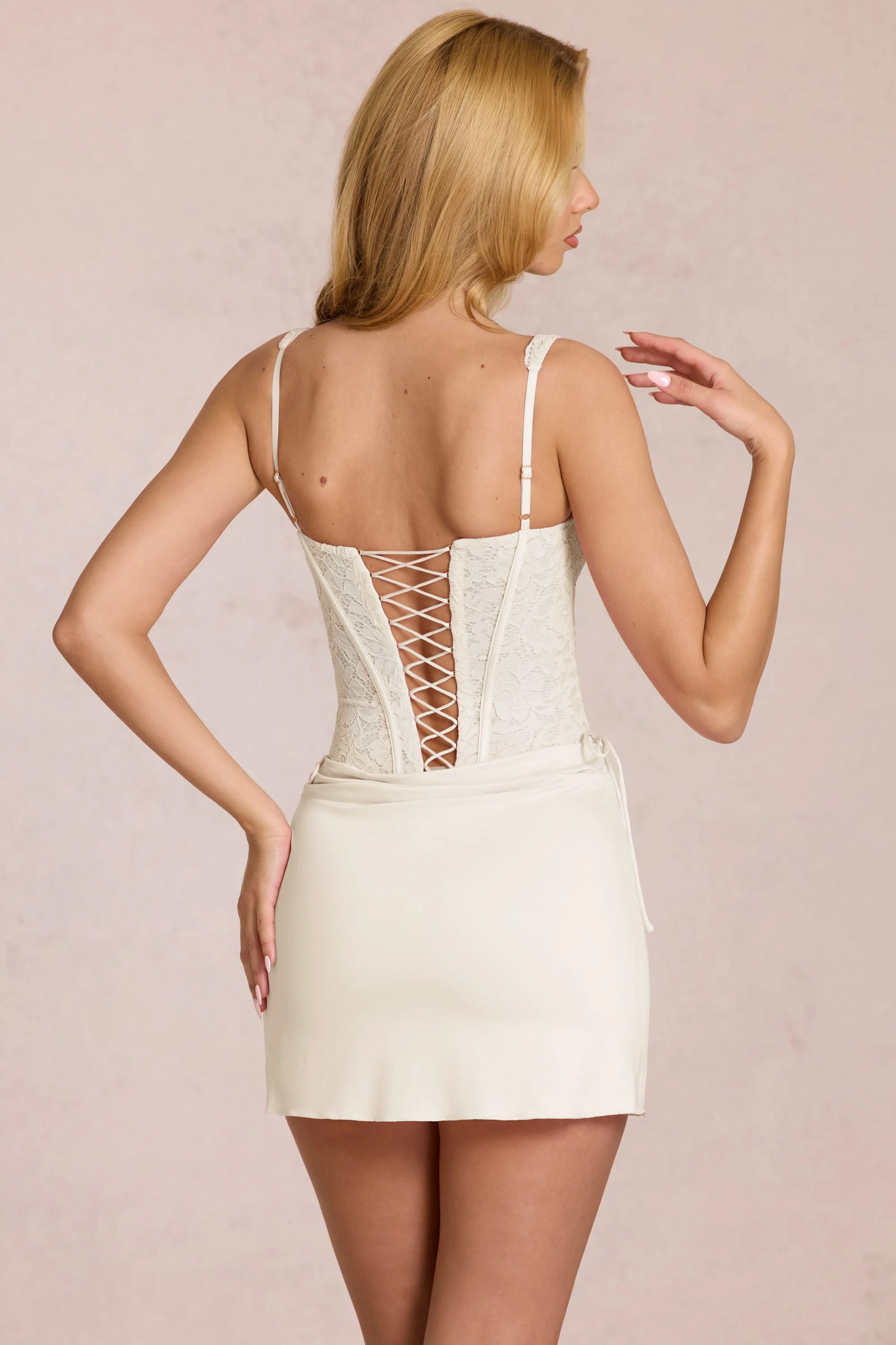 Lace Corset Mini Dress in Pearl - Image 5