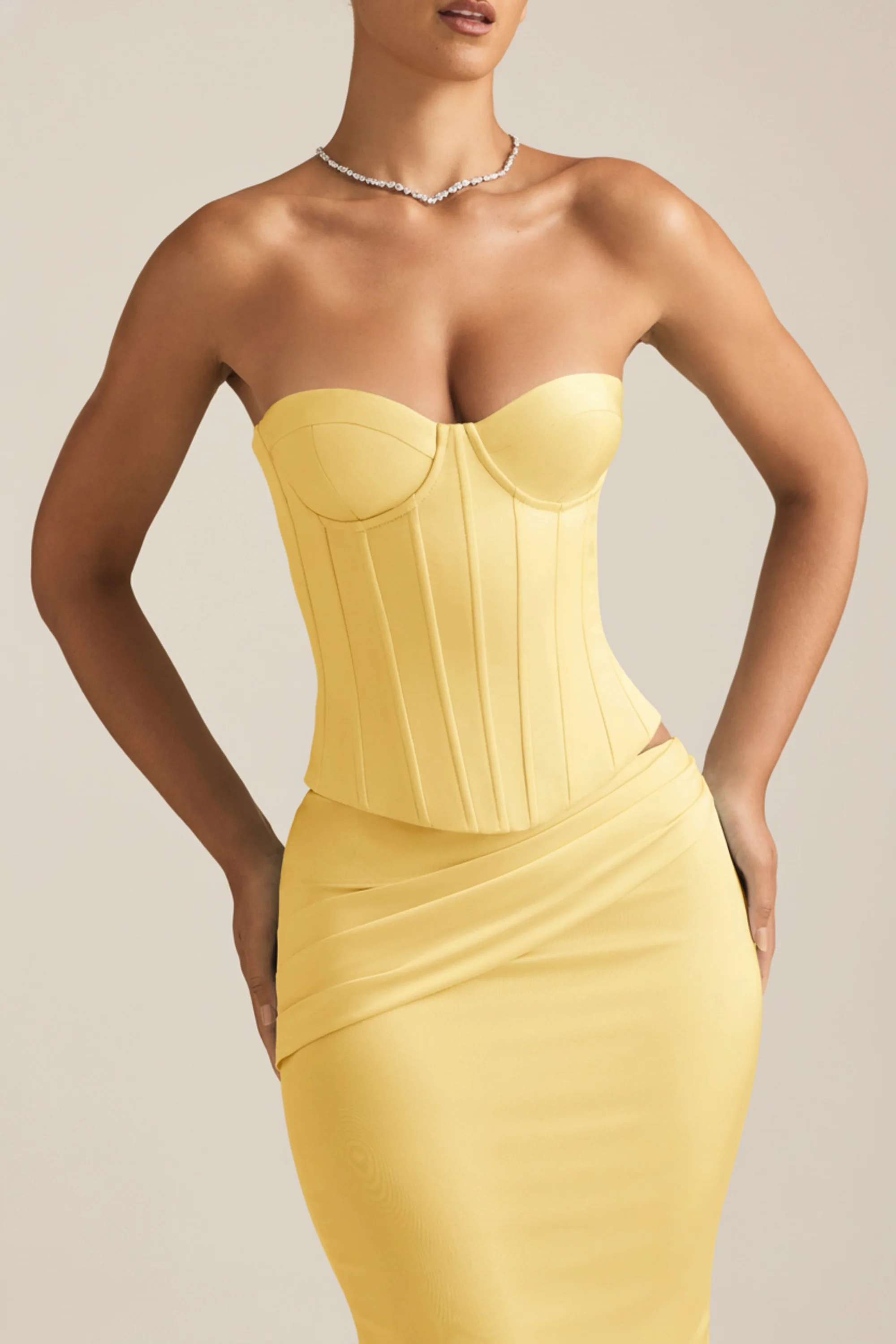 Satin Lace-Up Corset Top in Pastel Yellow - Image 4